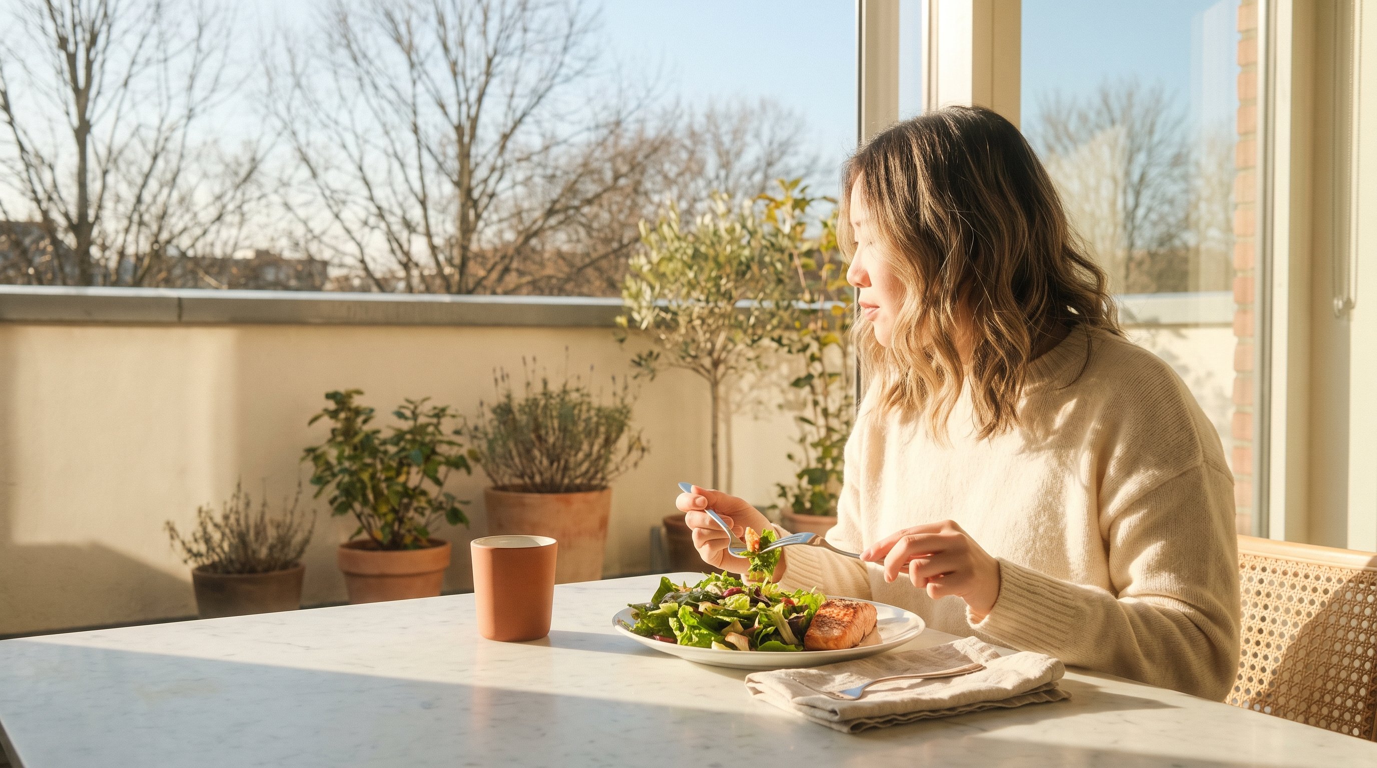 A woman in her late 20s enjoying air-fried salmon with a green salad at a sunny dining table