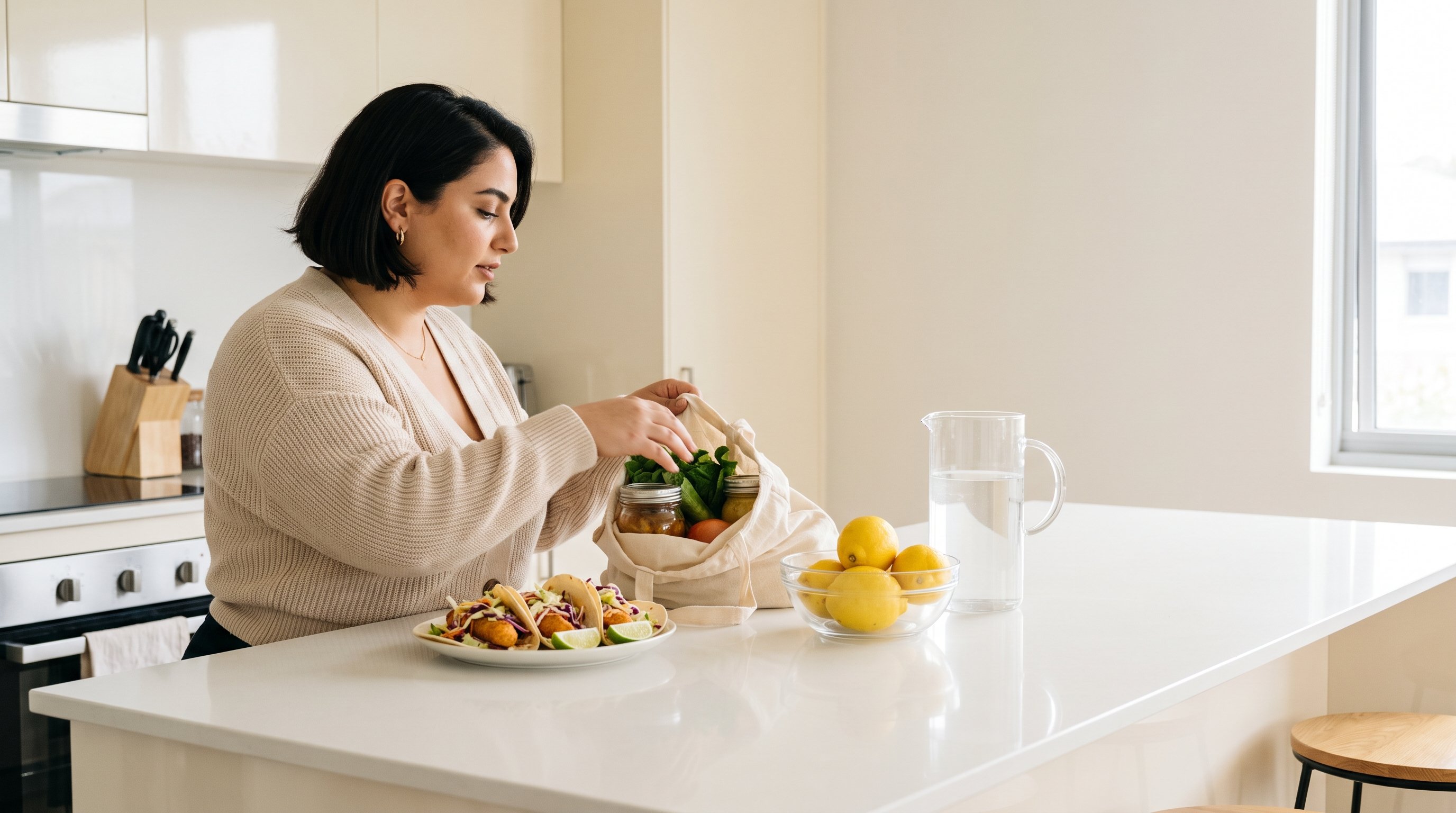 A woman in her late 20s putting groceries away in a bright airy home kitchen