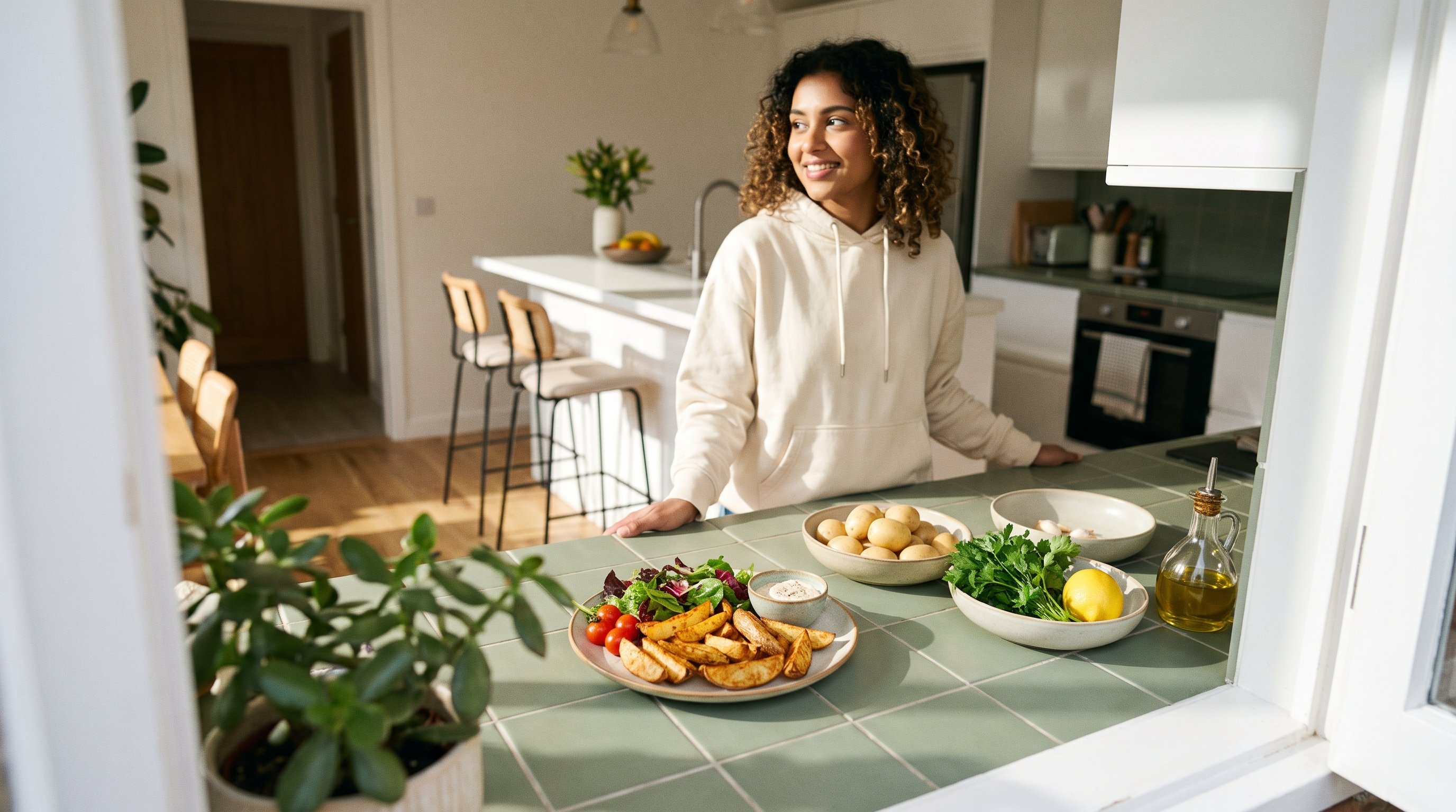 Golden air-fried potato wedges and greens beside fresh ingredients on a sunny dining table