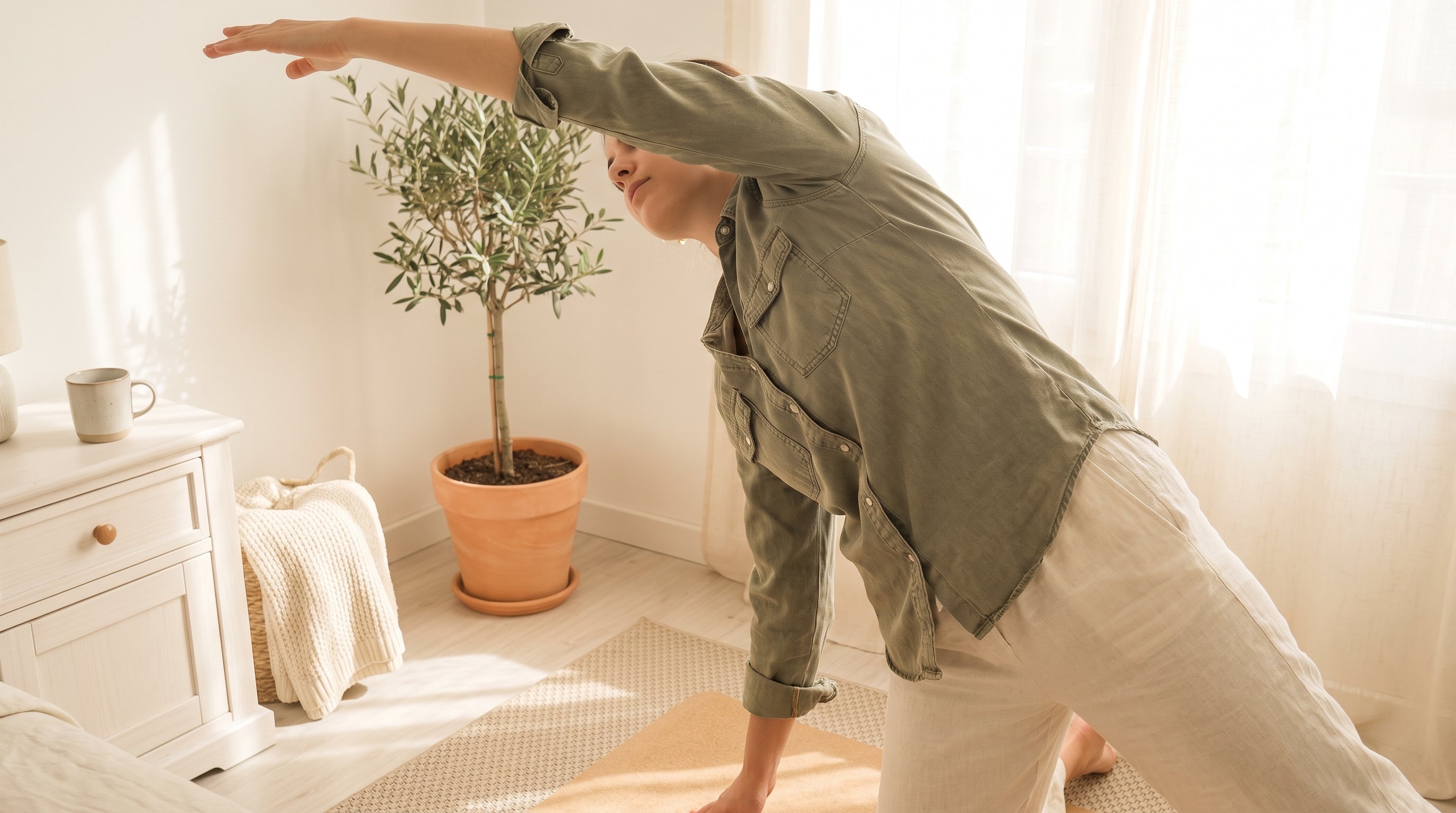 Woman doing a standing side stretch on a living room mat