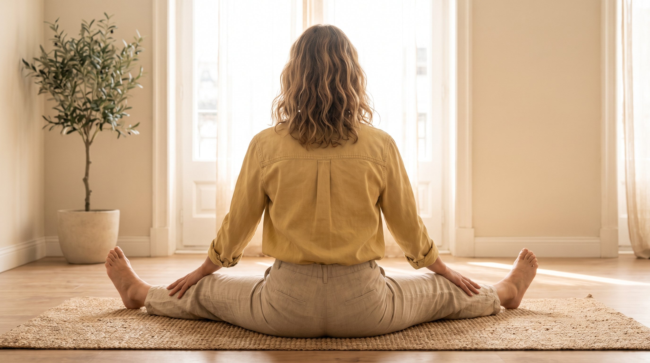 older adult doing a gentle seated forward stretch on a bed