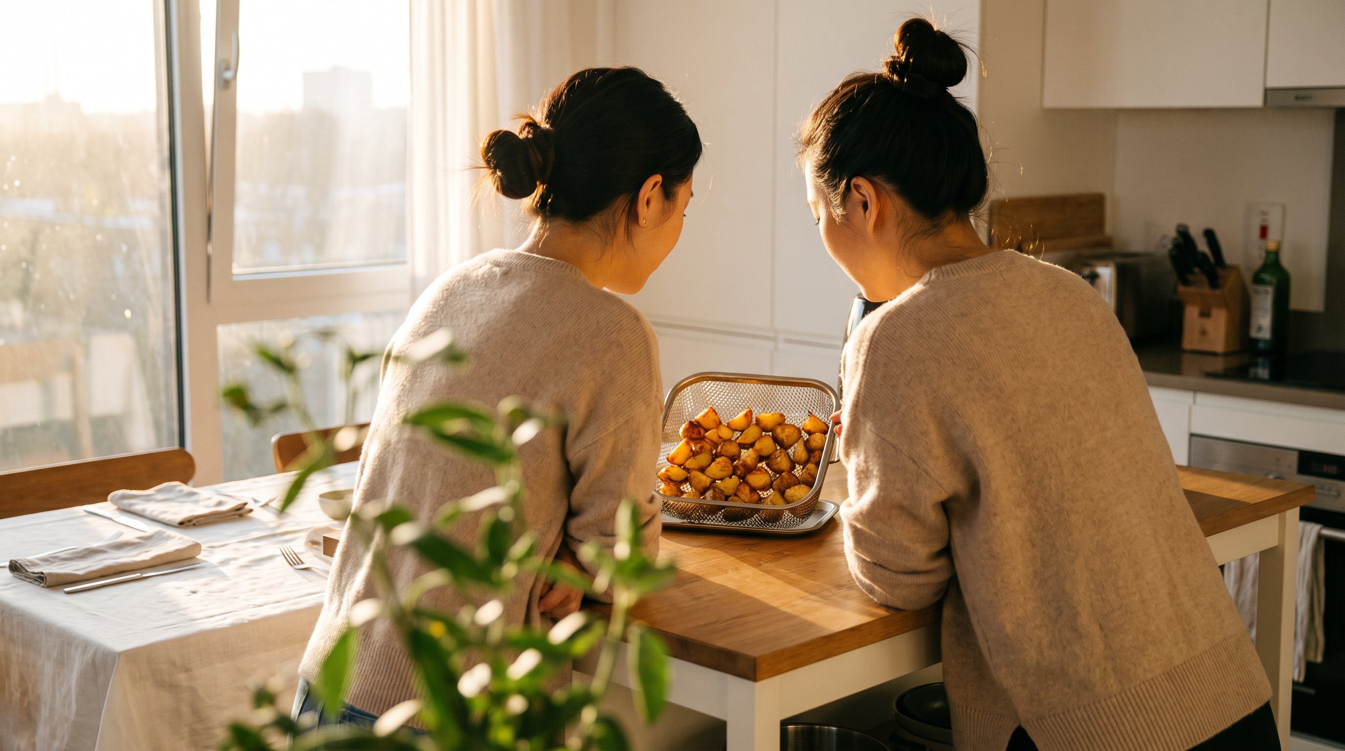 air fryer basket filled with roasted vegetables on a countertop