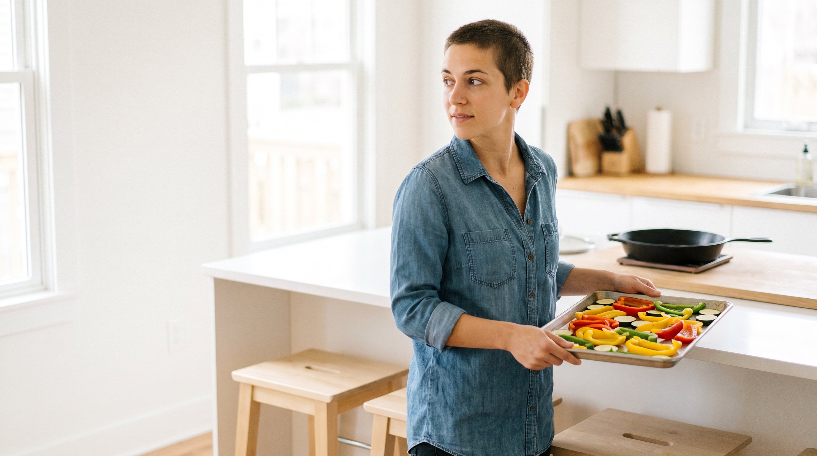 person chopping vegetables on a kitchen counter in the evening