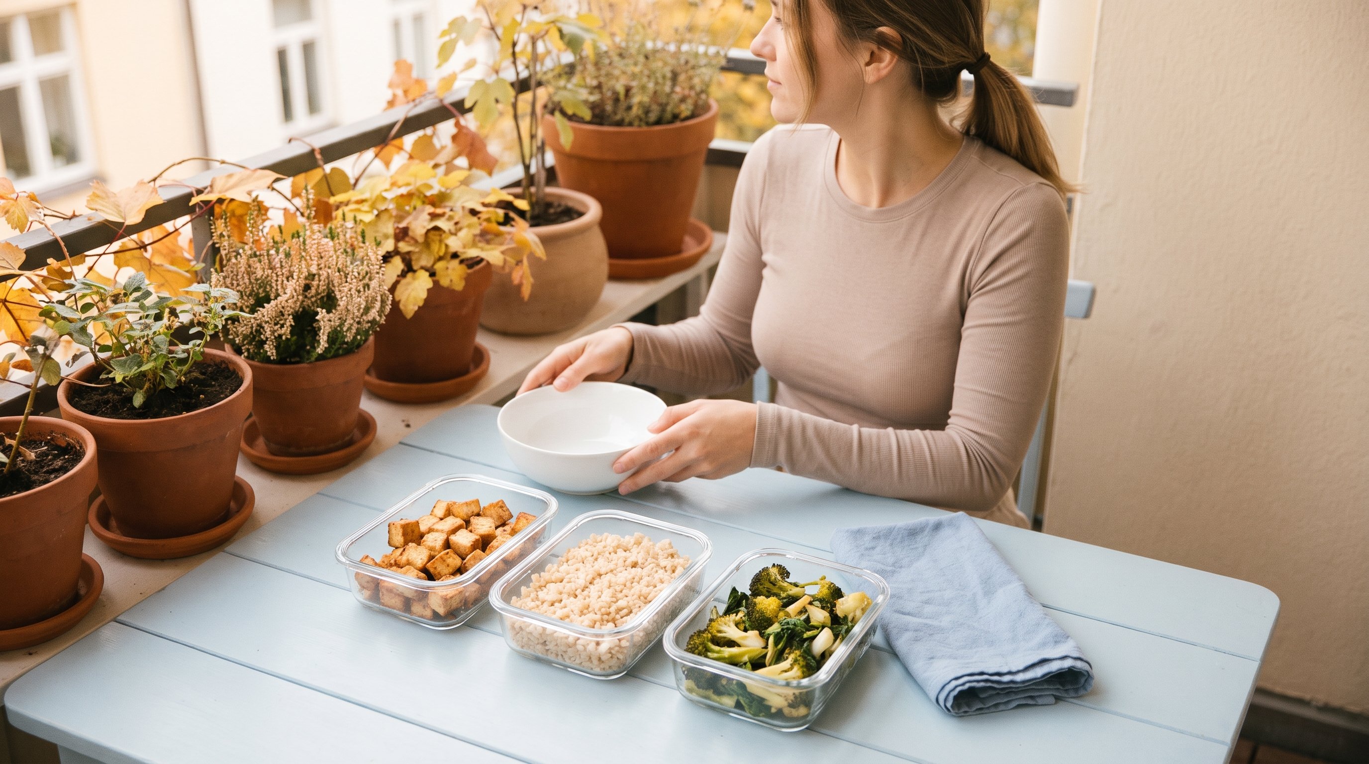 wooden table with portioned meal containers and vegetables
