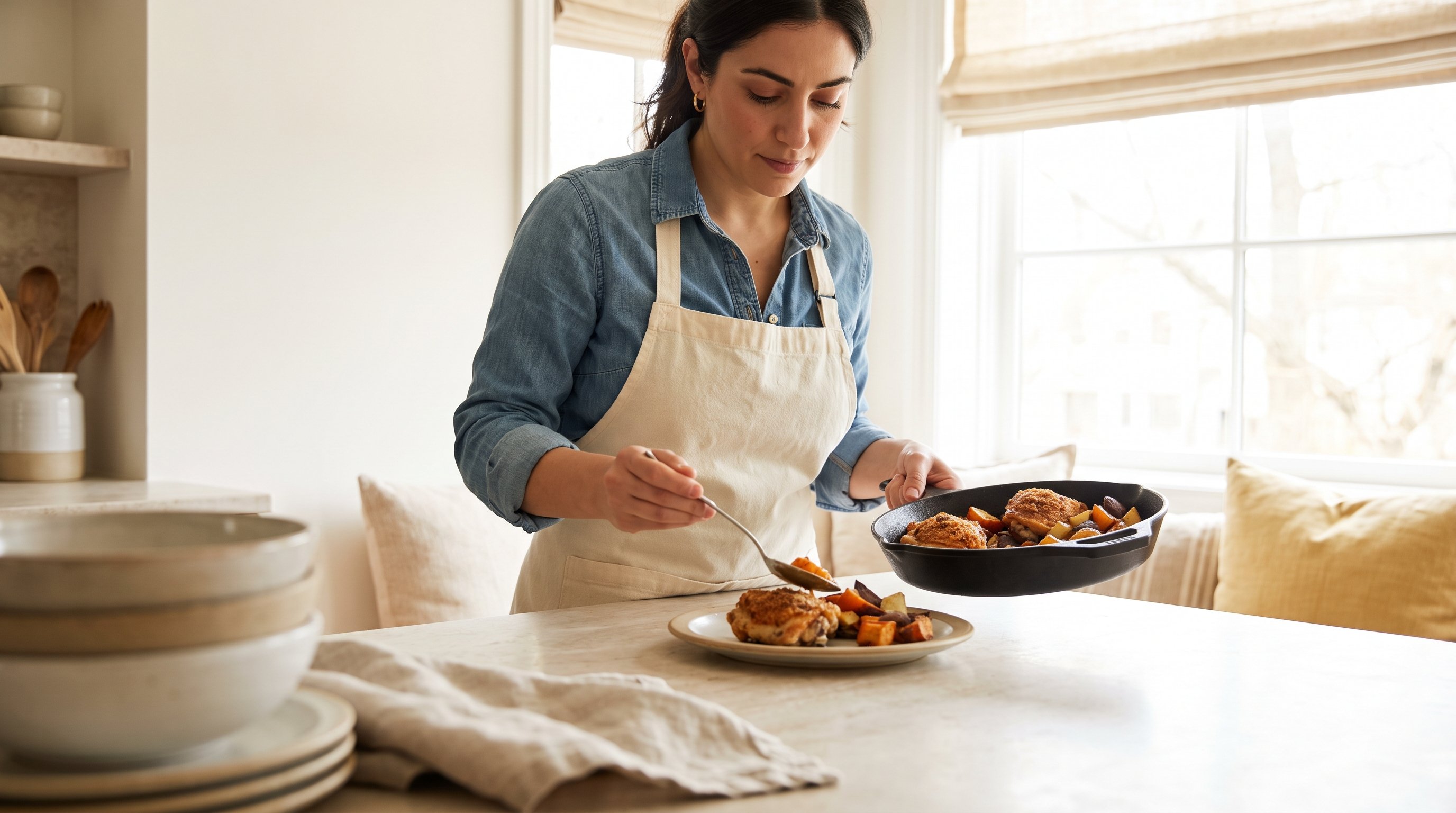 A woman in her late 20s plating crispy air-fried chicken with roasted vegetables in a bright airy home kitchen