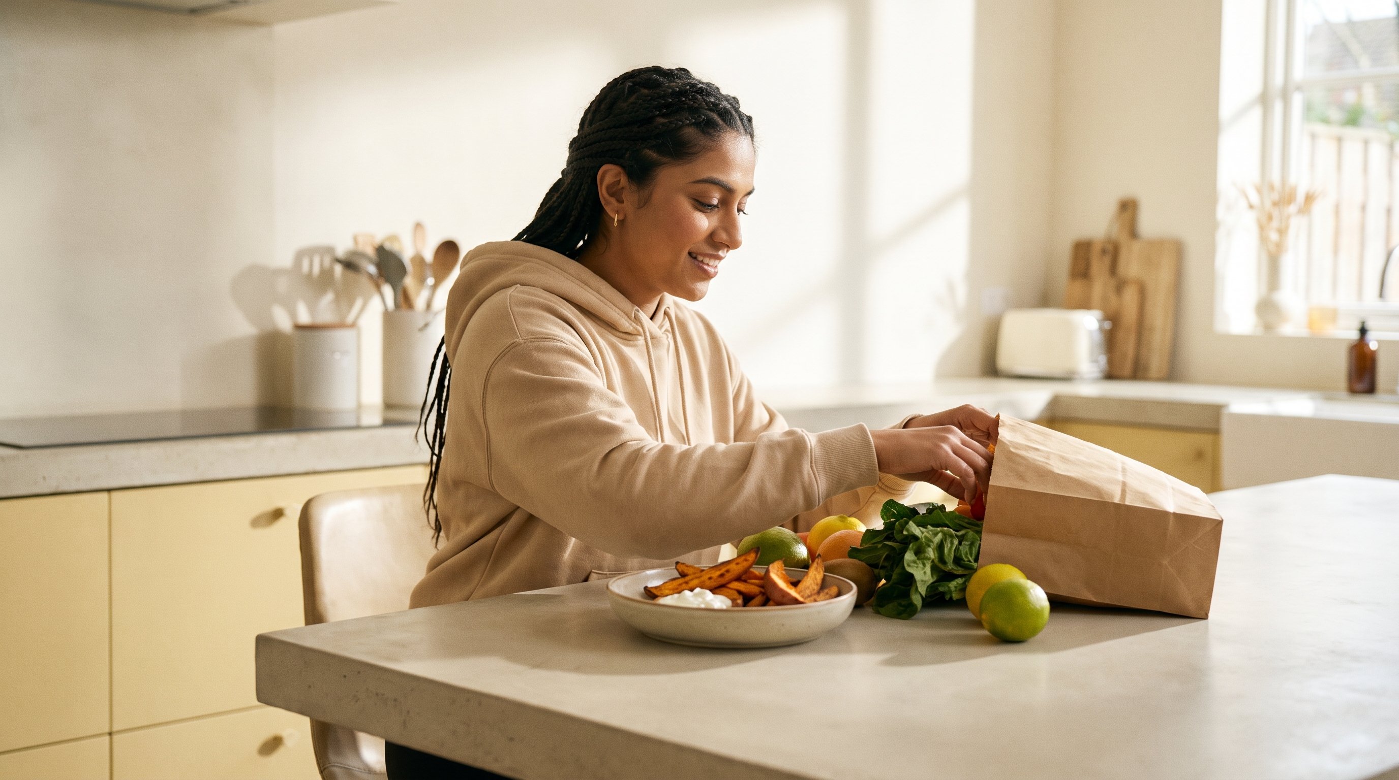 A woman in her late 20s unpacking fresh groceries in a bright airy home kitchen