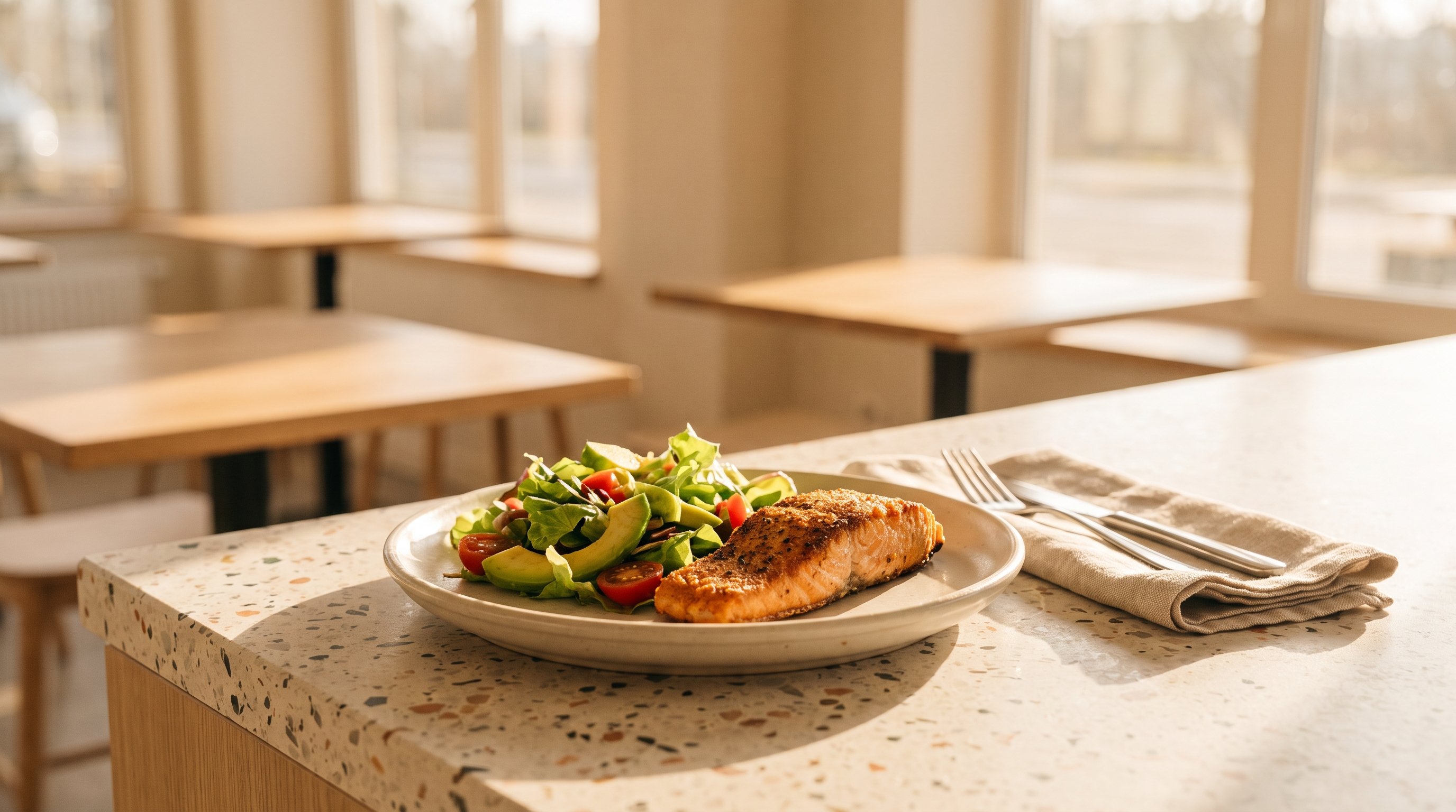 Air-fried salmon with a green salad on a sunny dining table