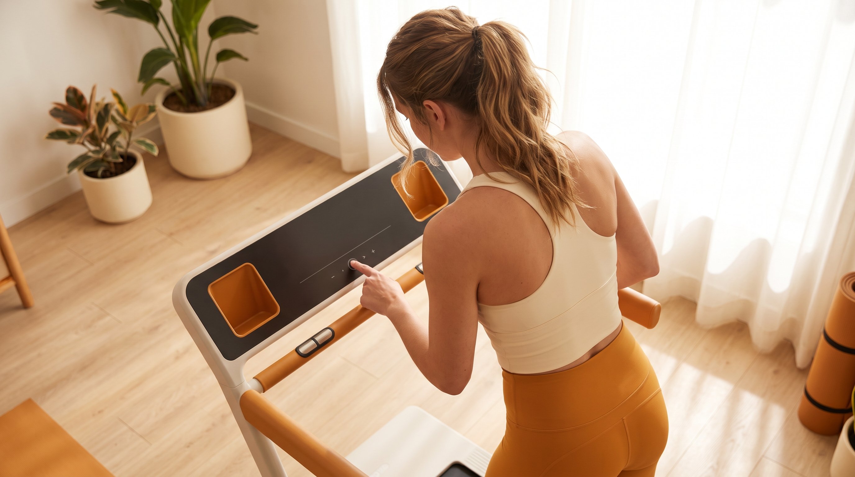 person checking treadmill incline display before starting walk