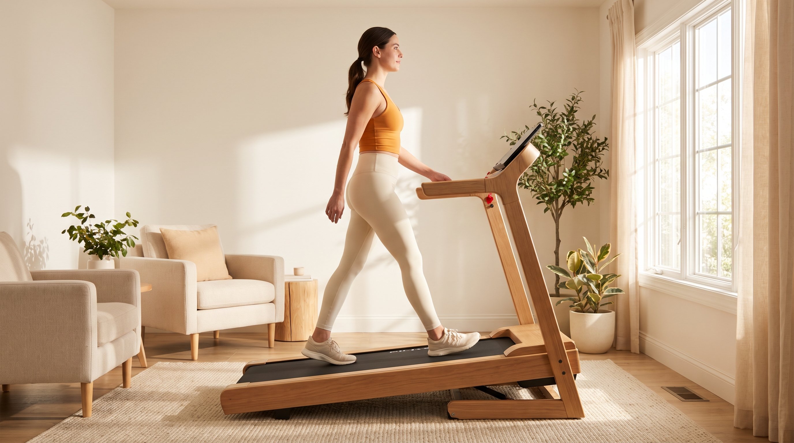 woman walking on incline treadmill in home gym