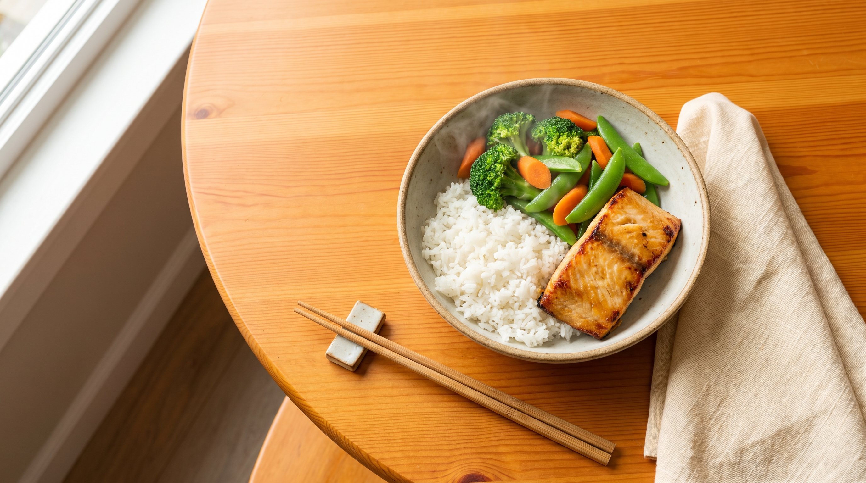 bowl of rice vegetables and grilled fish on wooden table