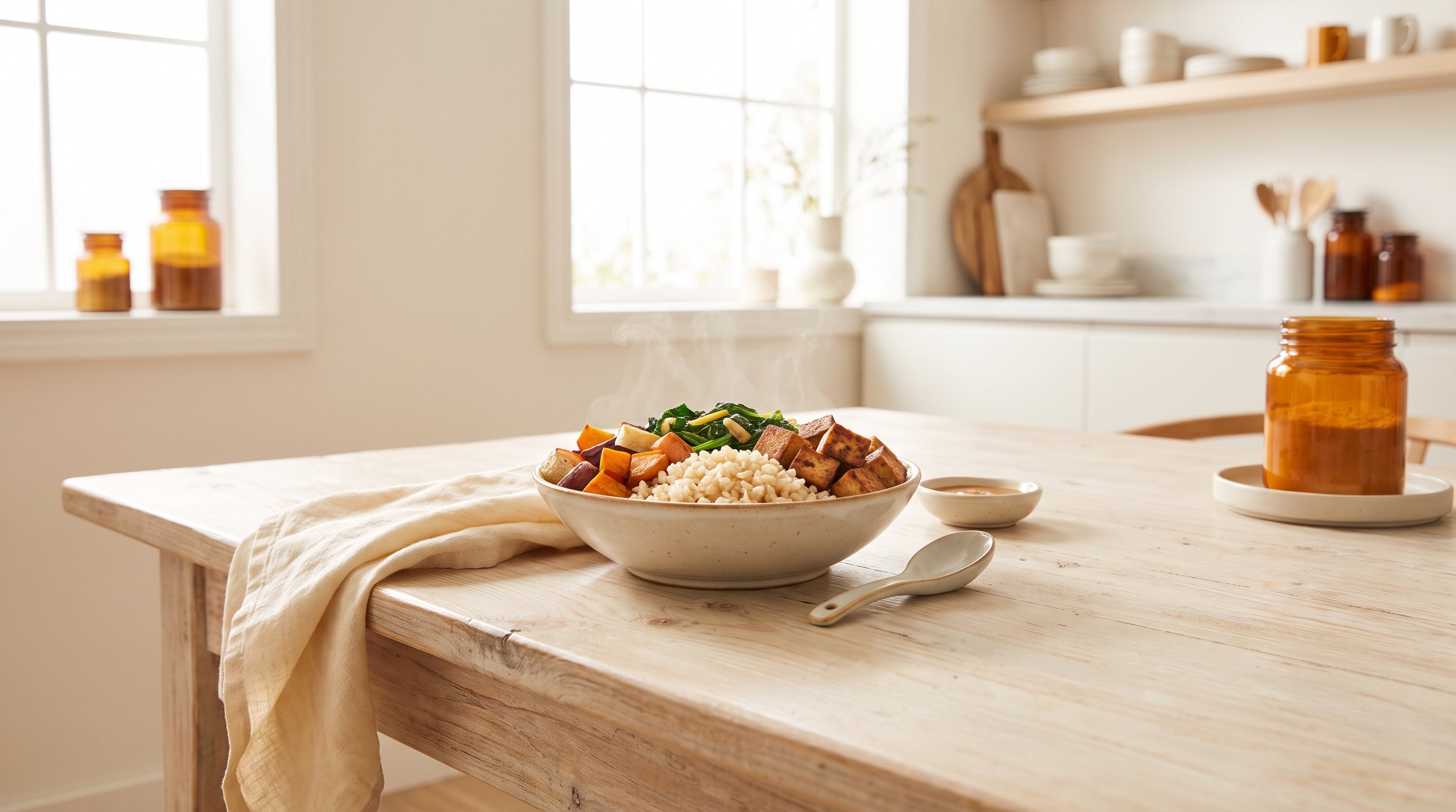 A rice bowl with vegetables and tofu served on a cozy wooden dining table