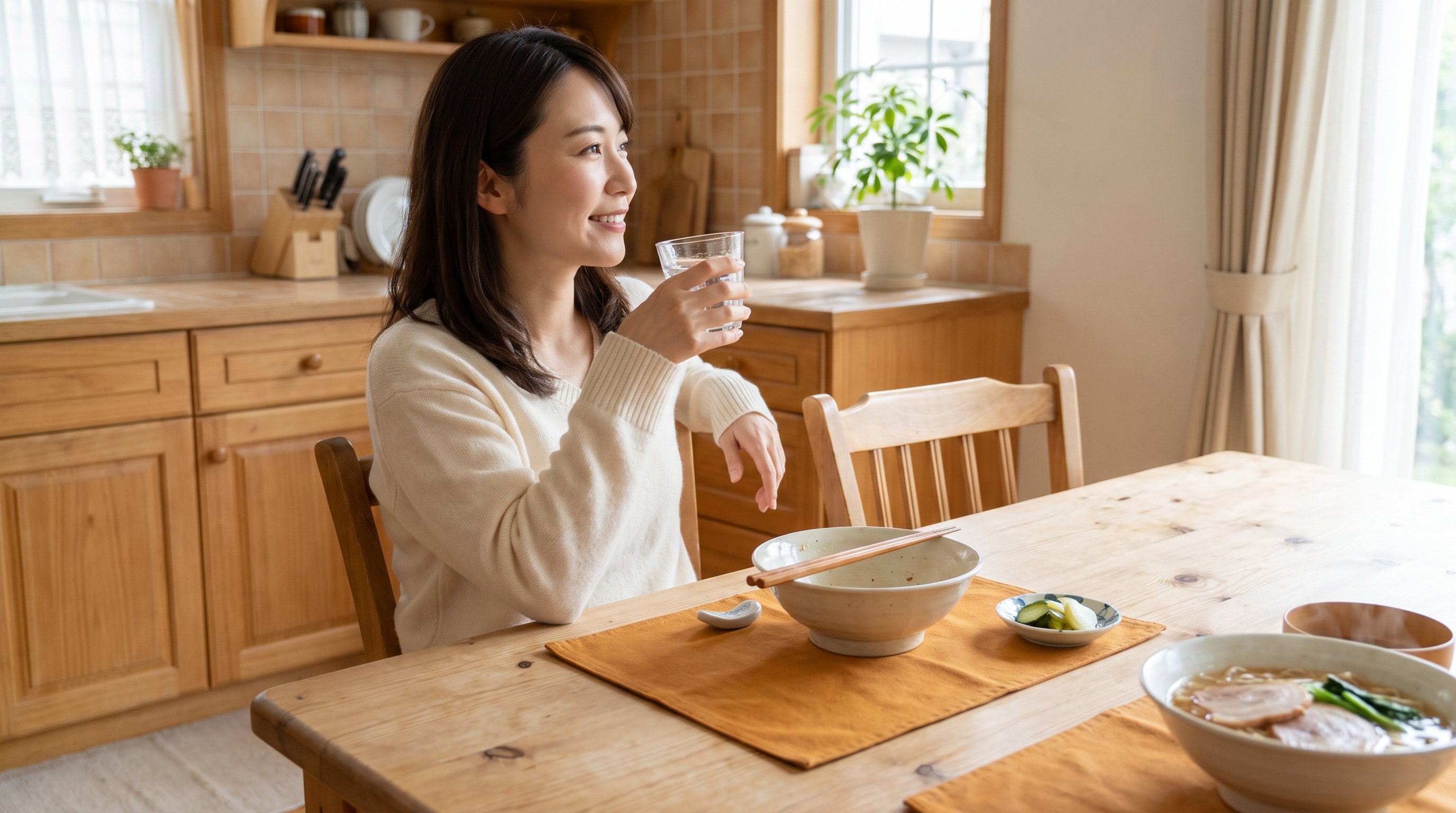 A woman in her 30s relaxing with a glass of water after a meal at a cozy wooden dining table