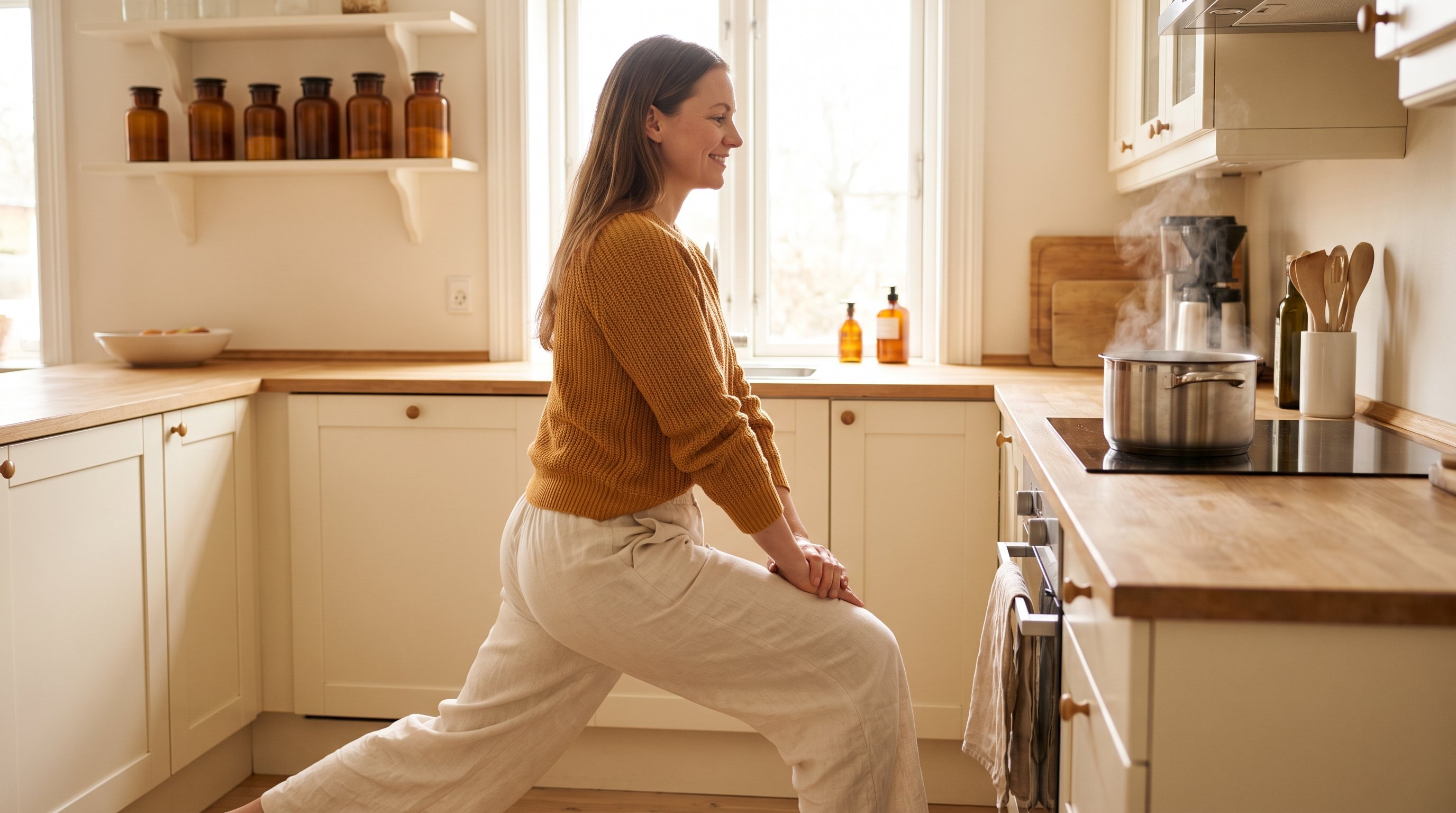 parent doing lunges in a small kitchen while dinner cooks