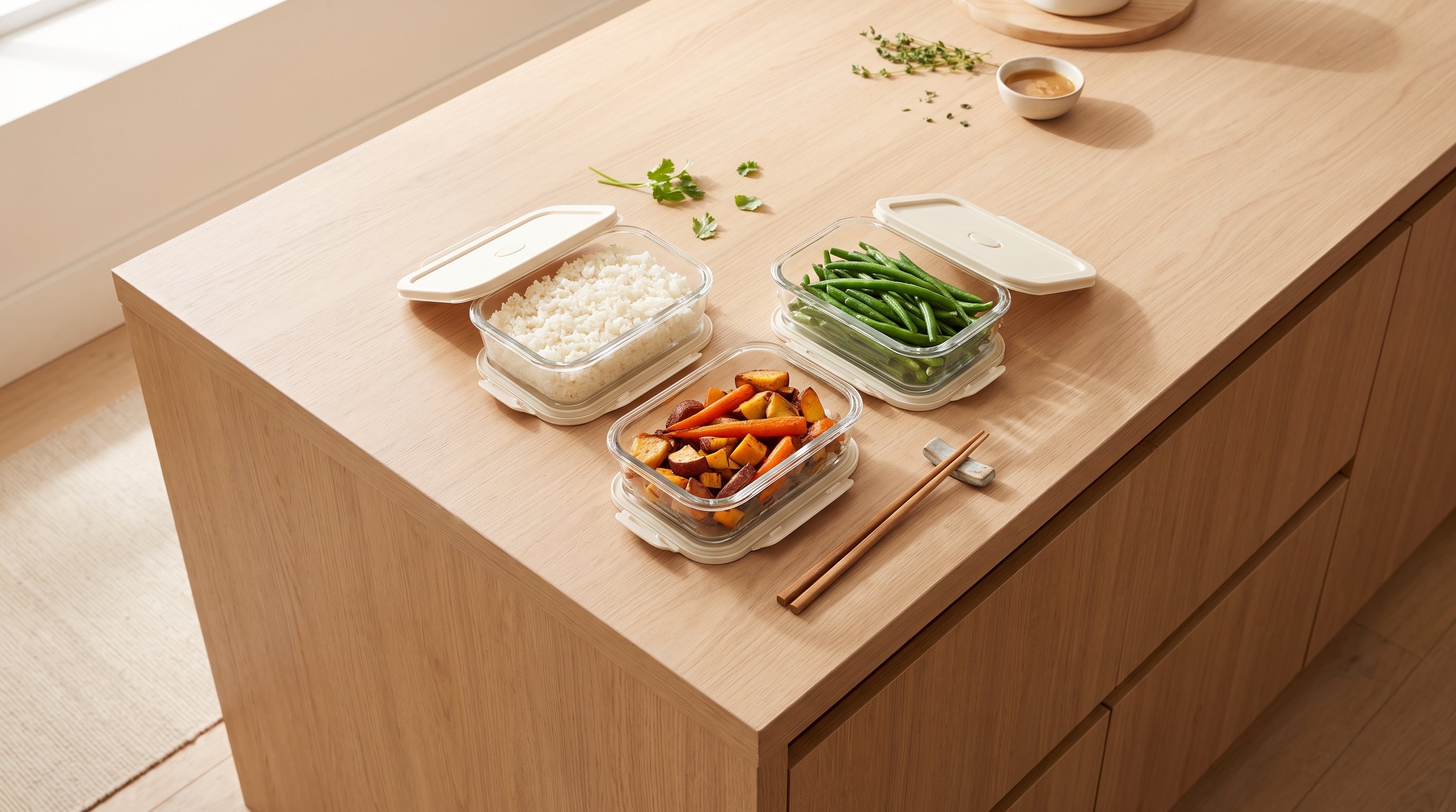 containers of rice, vegetables and beans on a kitchen counter
