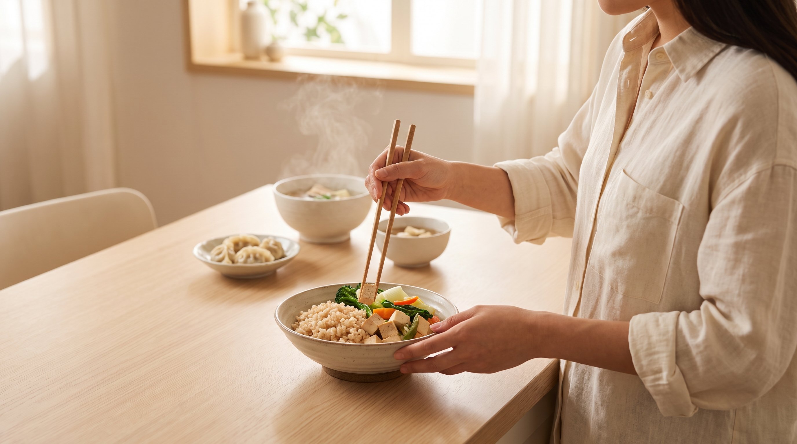 A woman in her 30s preparing a rice bowl with vegetables and tofu in a minimalist modern kitchen
