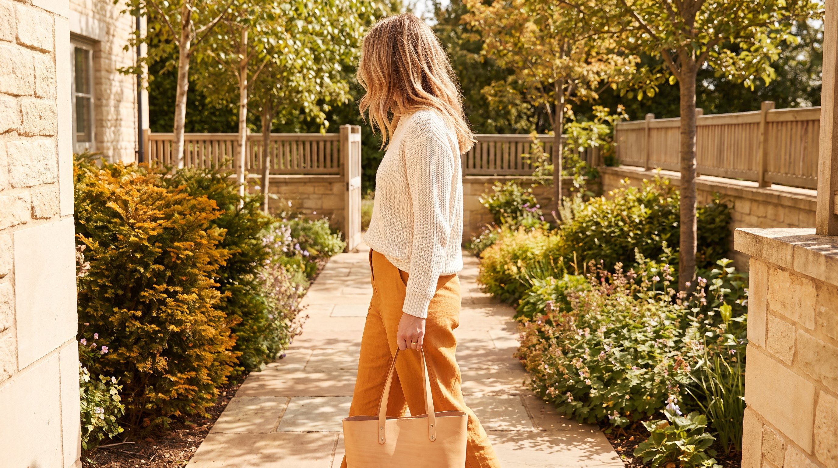 A woman in her 30s walking outdoors on a sunny neighbourhood path
