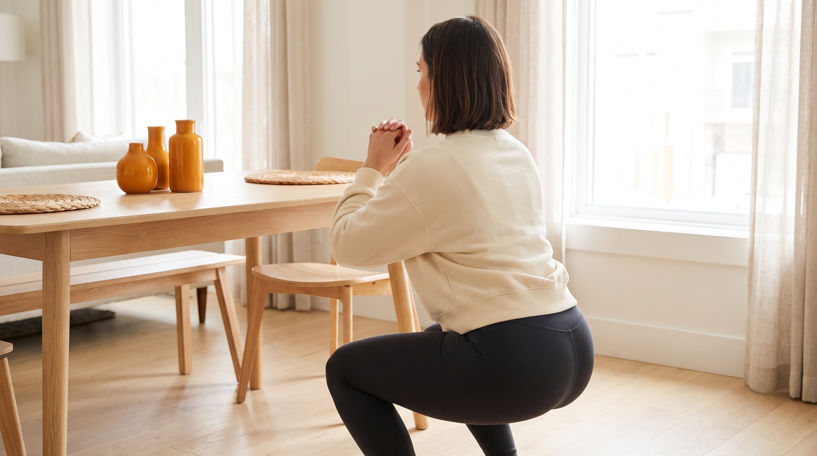 man doing bodyweight squats beside a kitchen counter