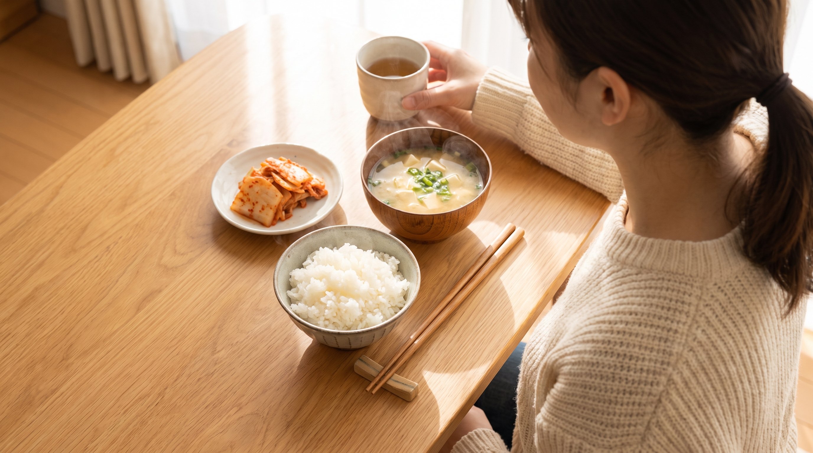 bowl of rice with kimchi and miso soup on a wooden table