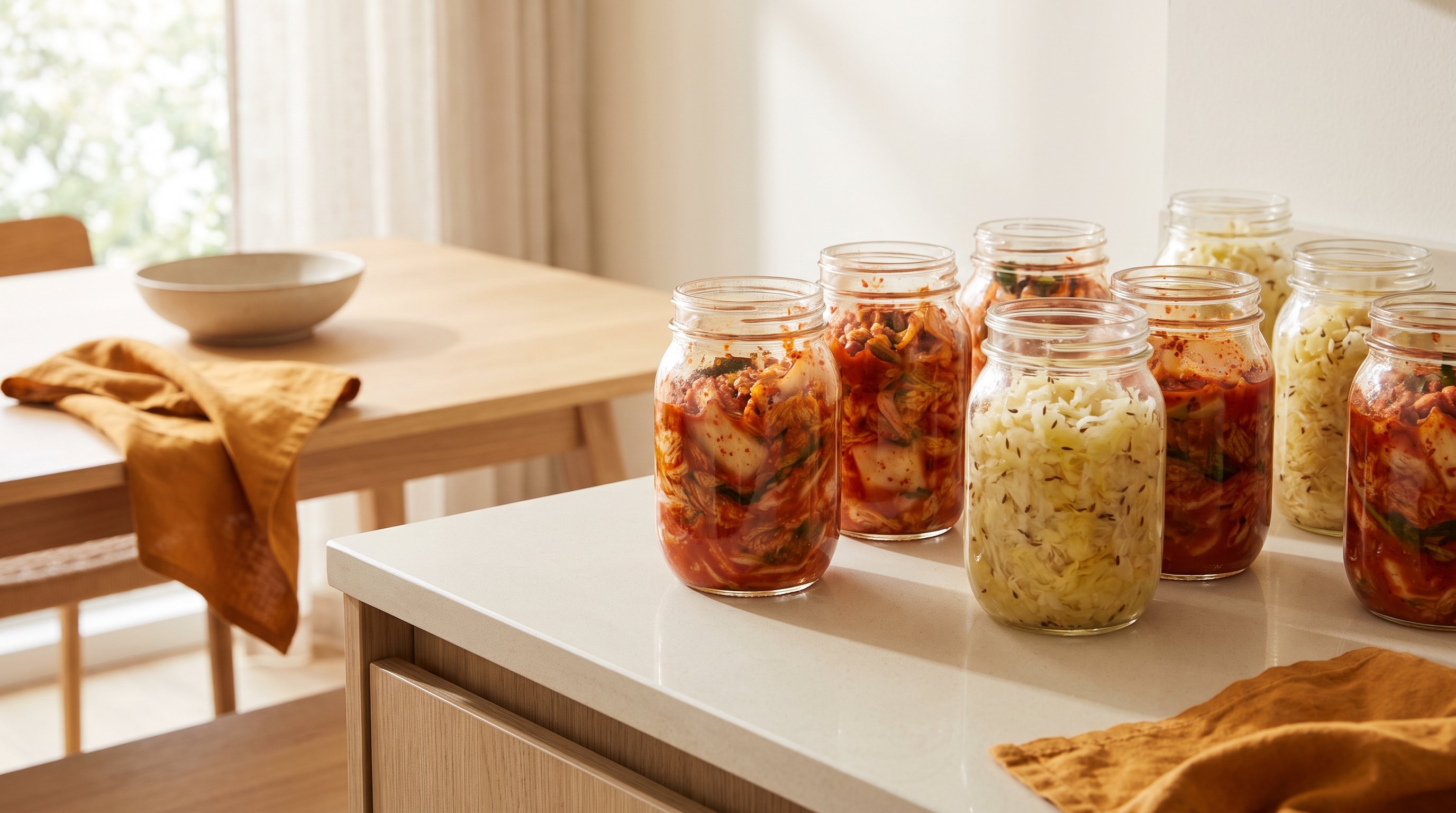 jars of kimchi and sauerkraut on a kitchen counter