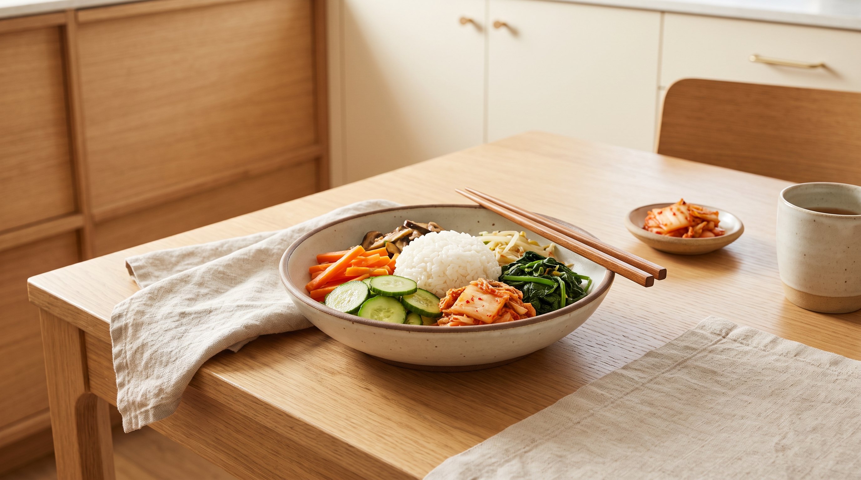 colourful bowl of vegetables, kimchi and rice on a kitchen table