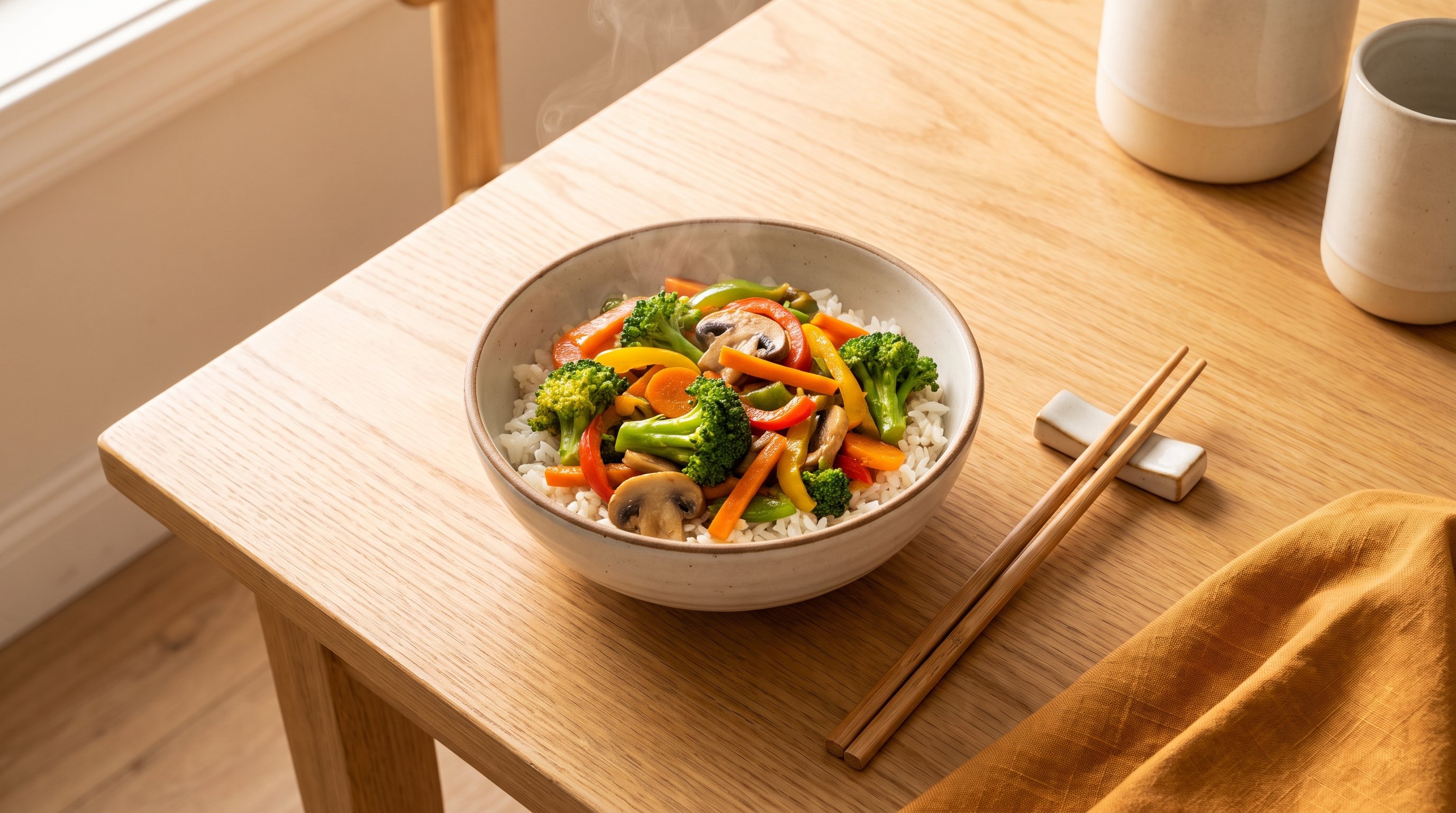 Stir-fried vegetables and rice in a wok on a stove