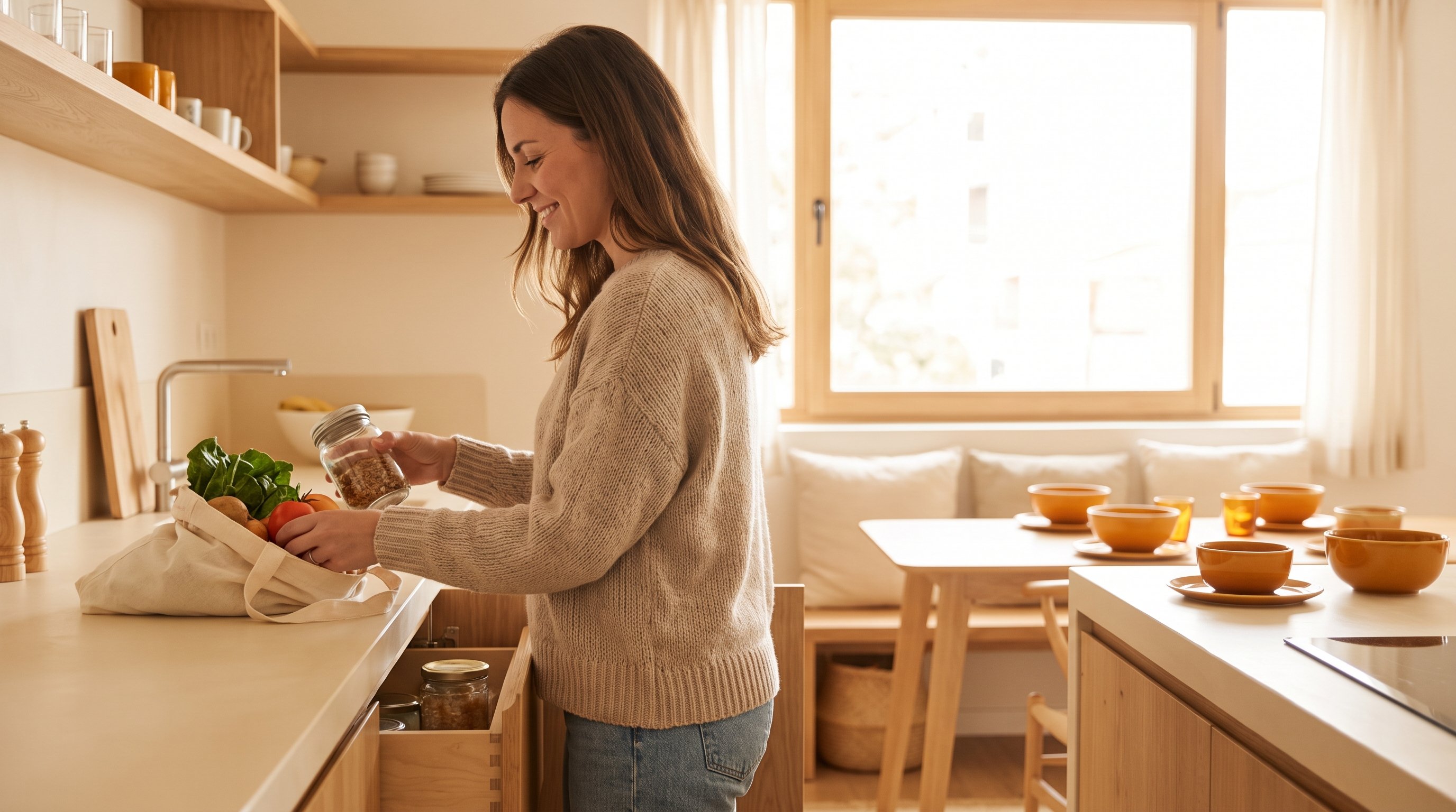 A woman in her 30s putting groceries away in a minimalist modern kitchen