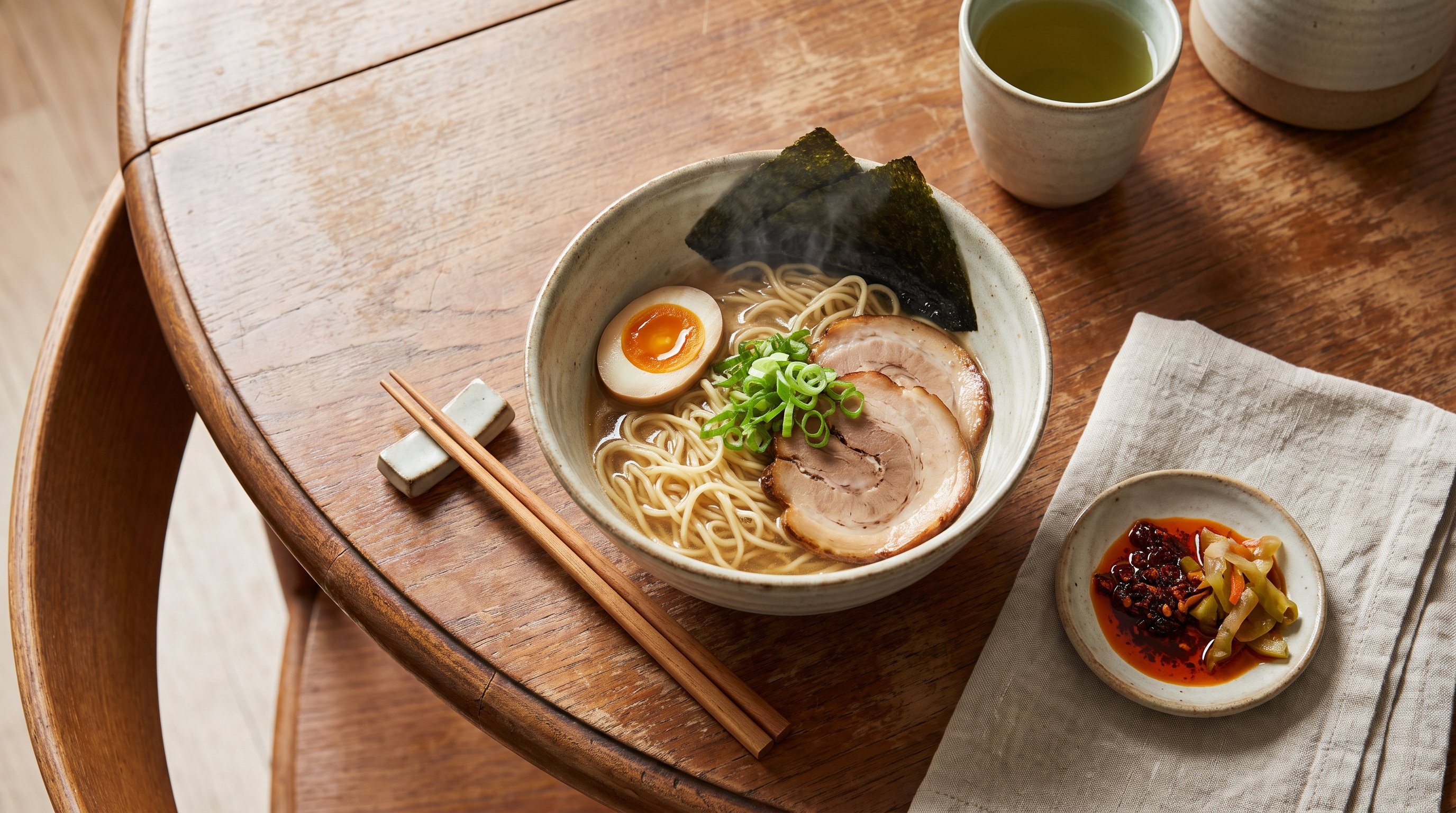 A steaming ramen bowl with egg and greens ready to eat on a cozy wooden dining table