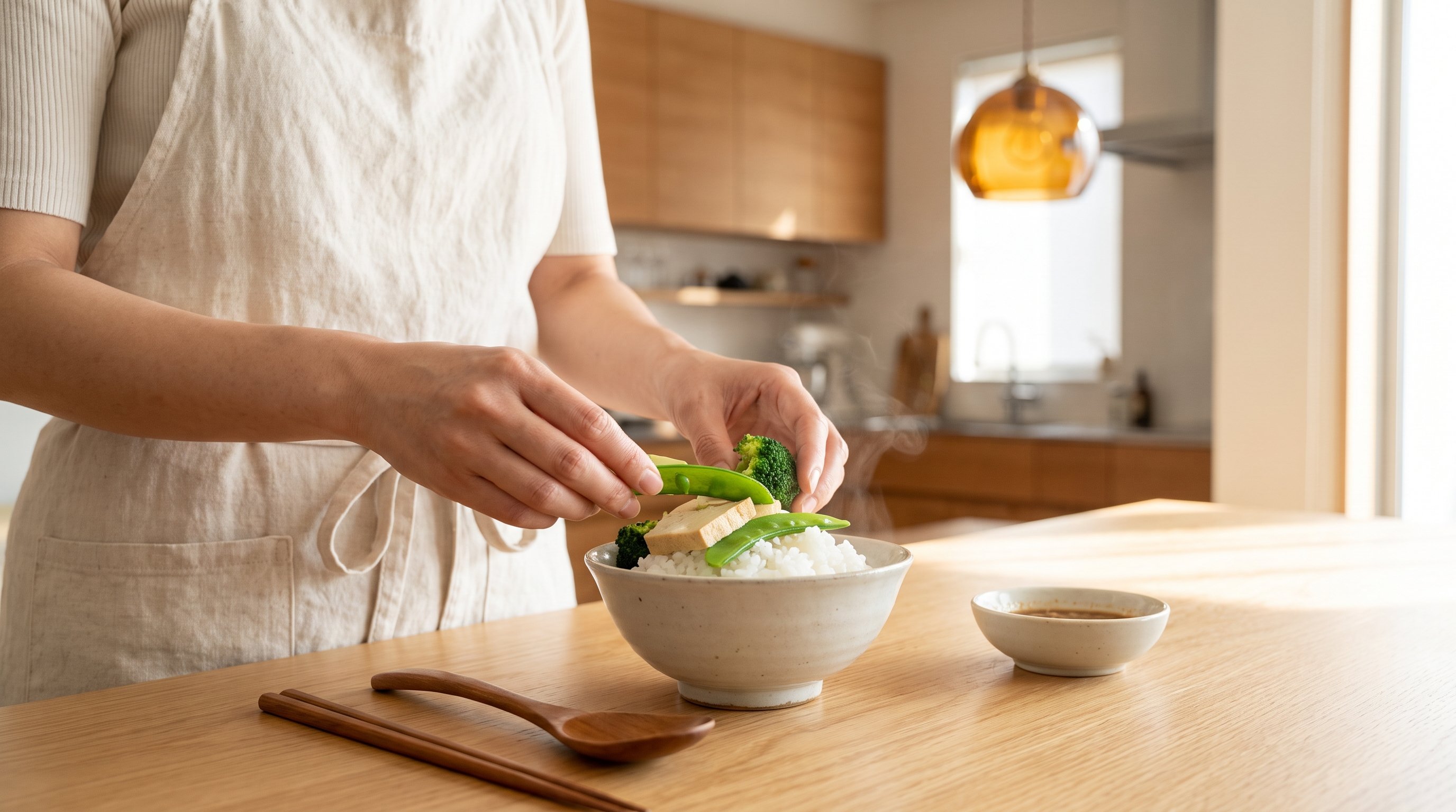 A woman in her 30s preparing a rice bowl with vegetables and tofu in a minimalist modern kitchen