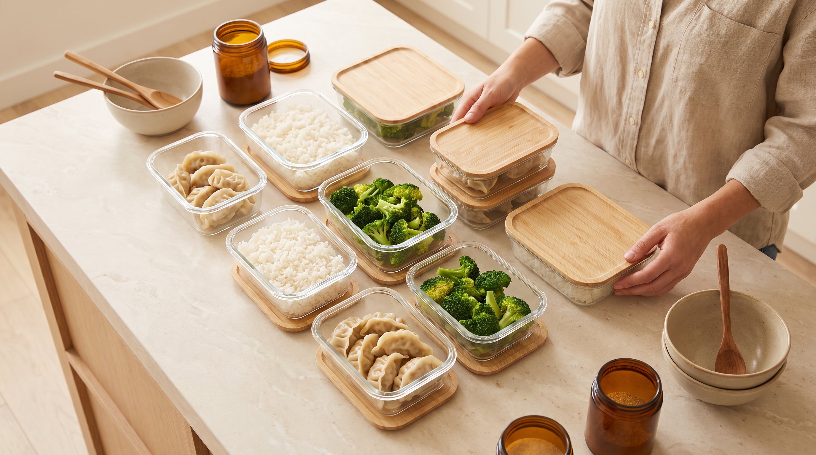 containers of prepped meals lined up on a kitchen counter