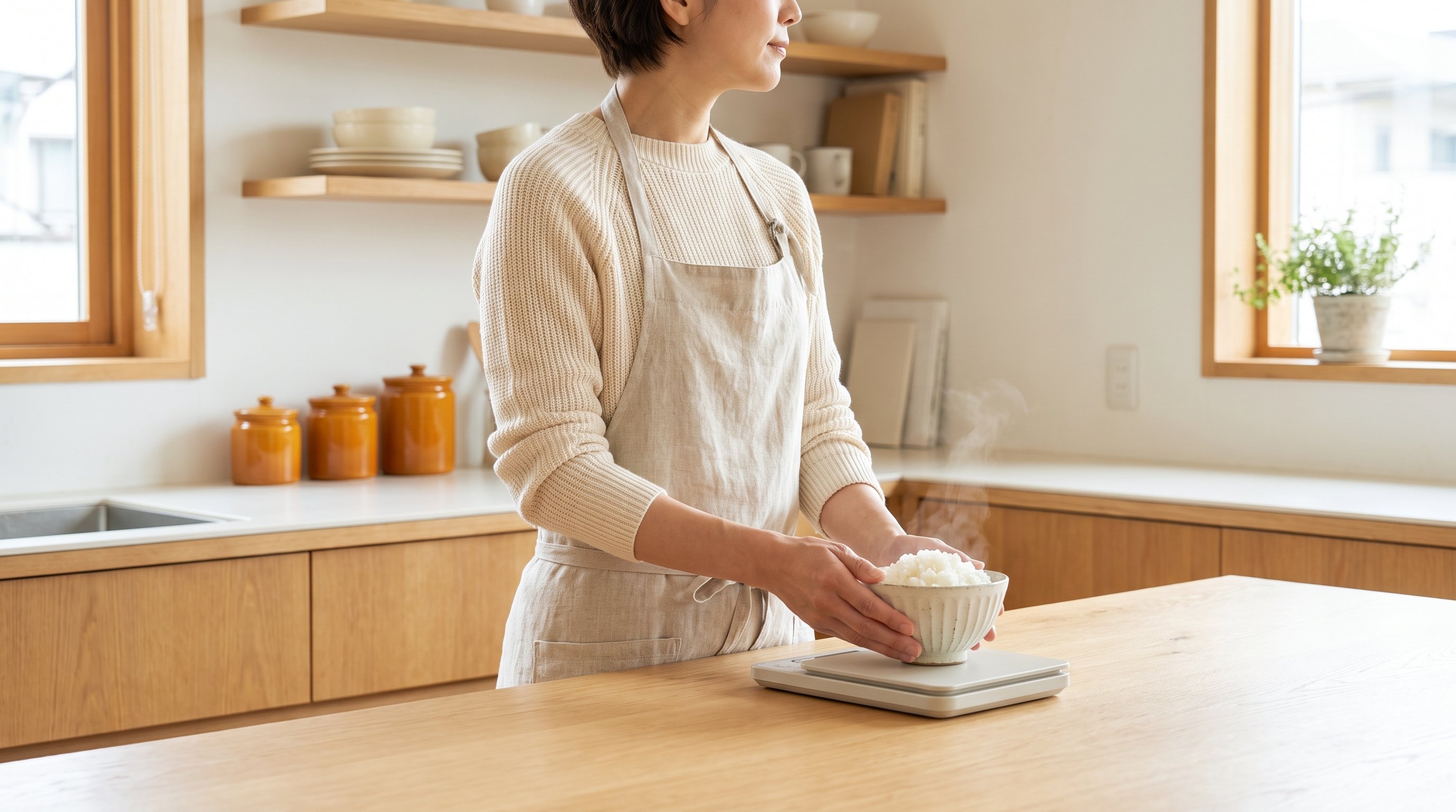 woman weighing rice on a kitchen scale next to a phone