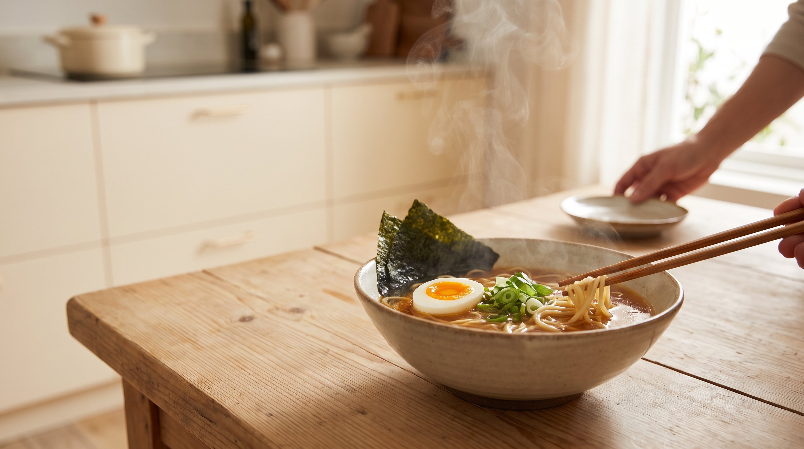 A steaming ramen bowl with egg and greens on a cozy wooden dining table
