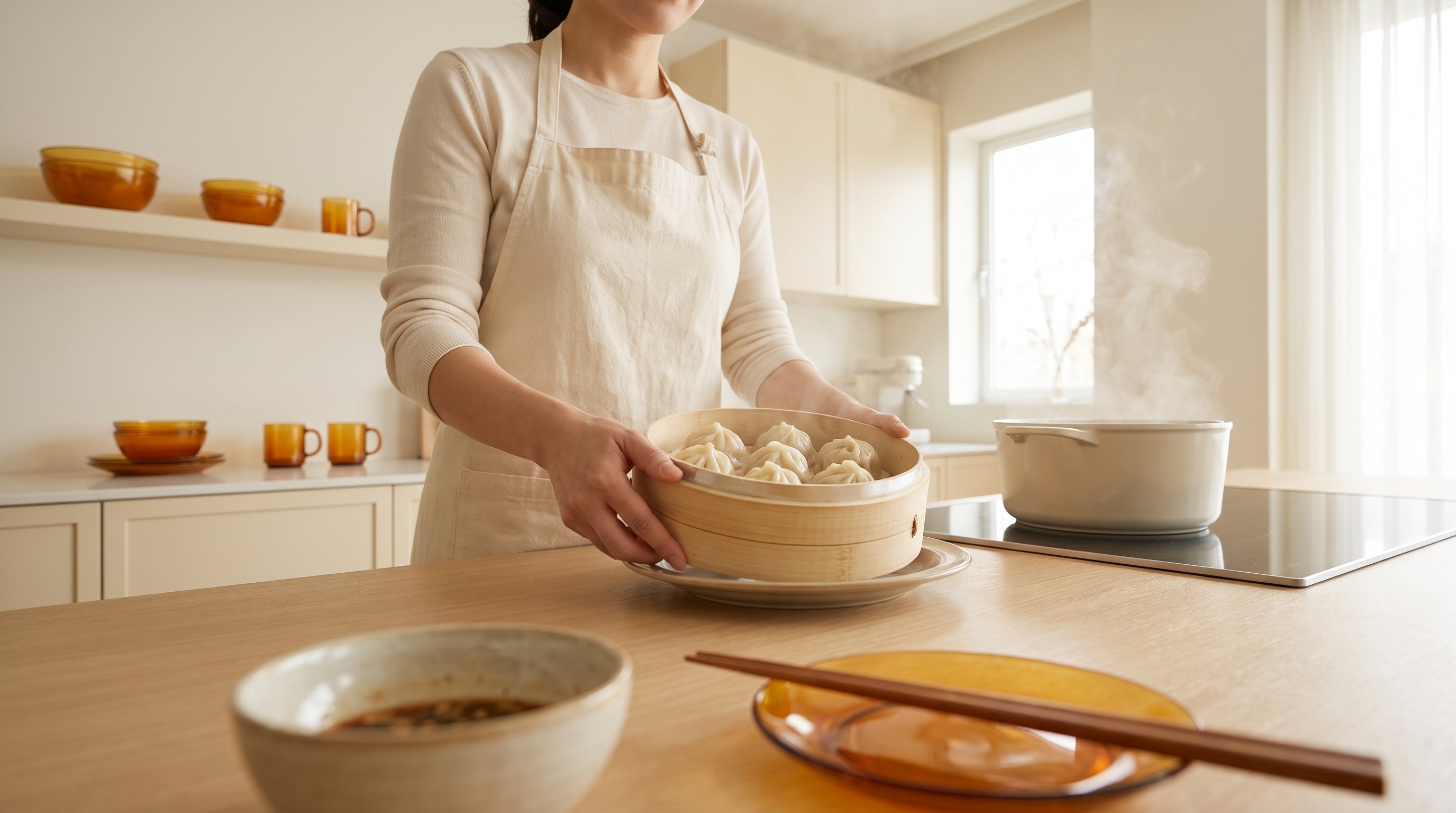 A woman in her 30s cooking a plate of steamed dumplings in a minimalist modern kitchen