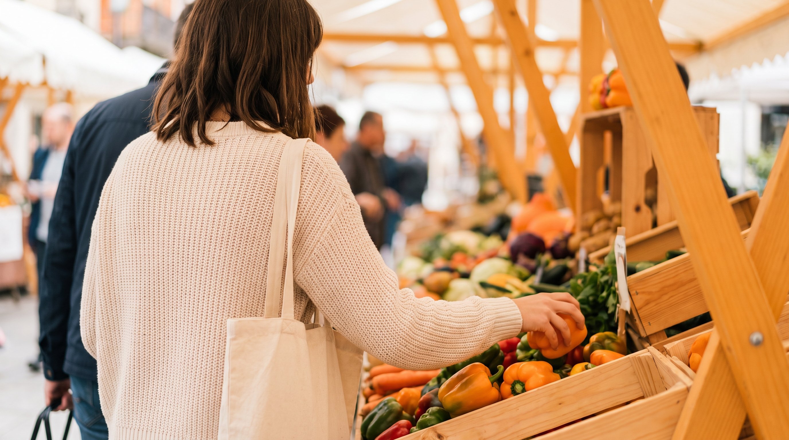 A woman in her 30s shopping for fresh produce at a market stall