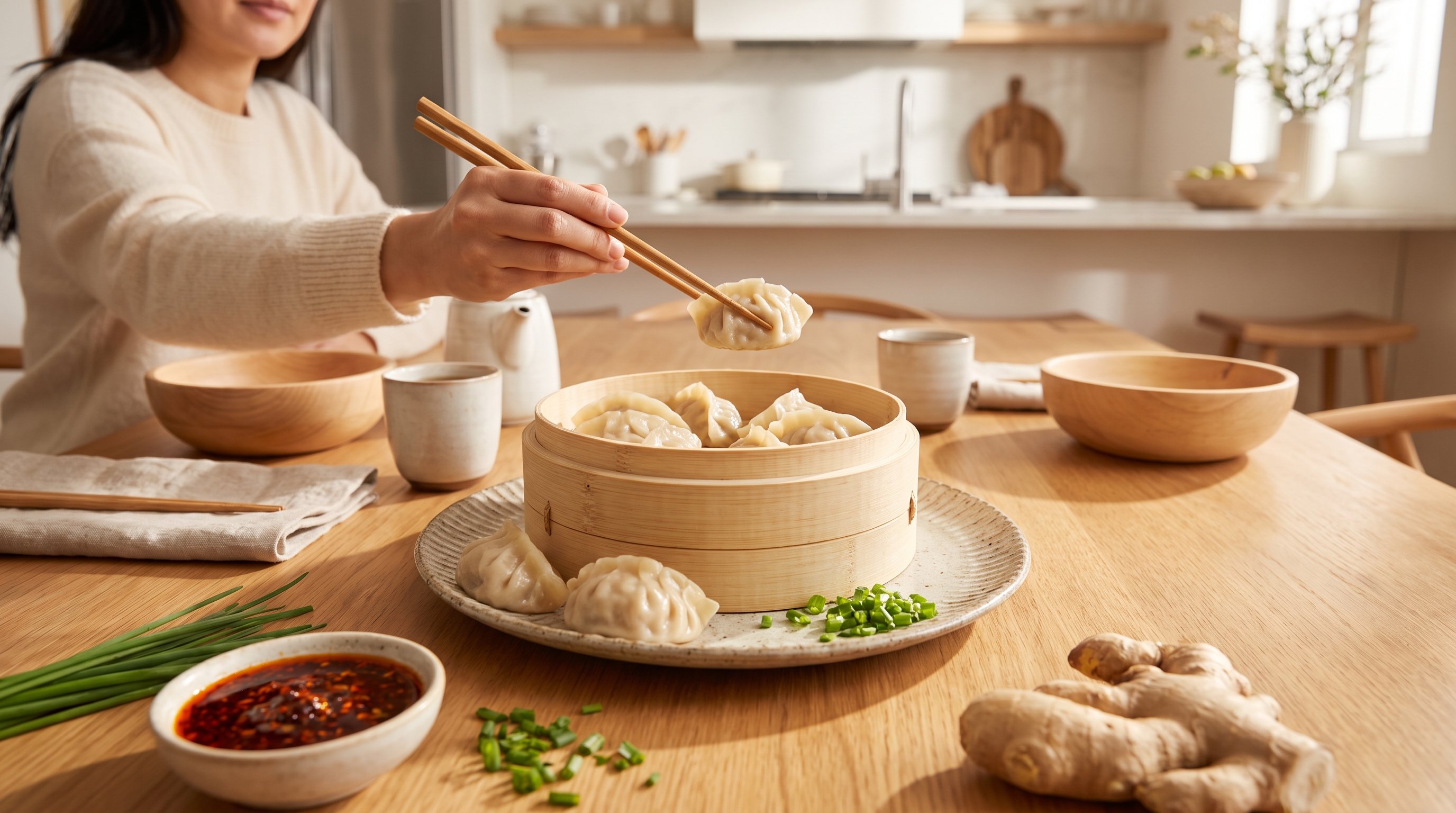 A plate of steamed dumplings beside fresh ingredients on a cozy wooden dining table