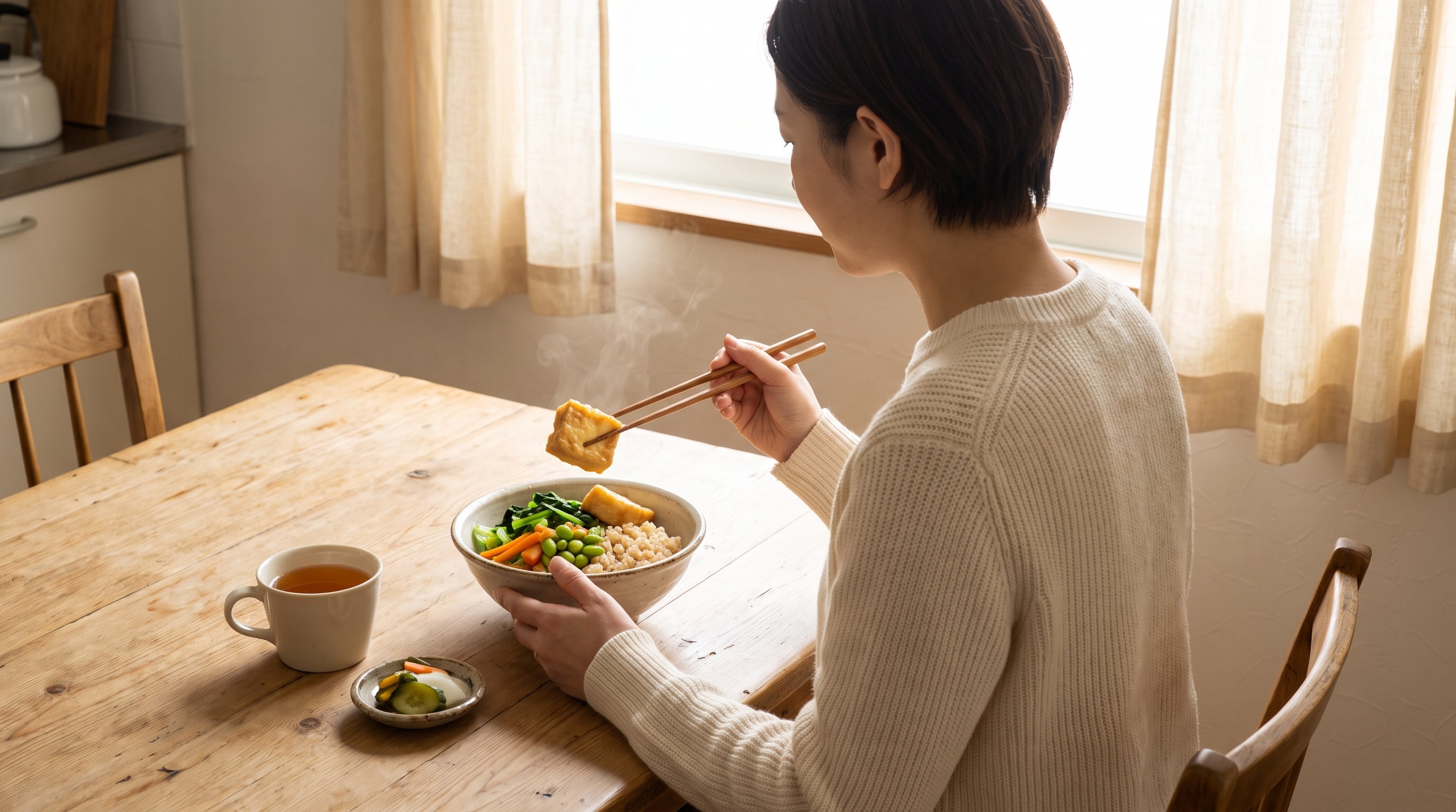 A woman in her 30s enjoying a rice bowl with vegetables and tofu at a cozy wooden dining table