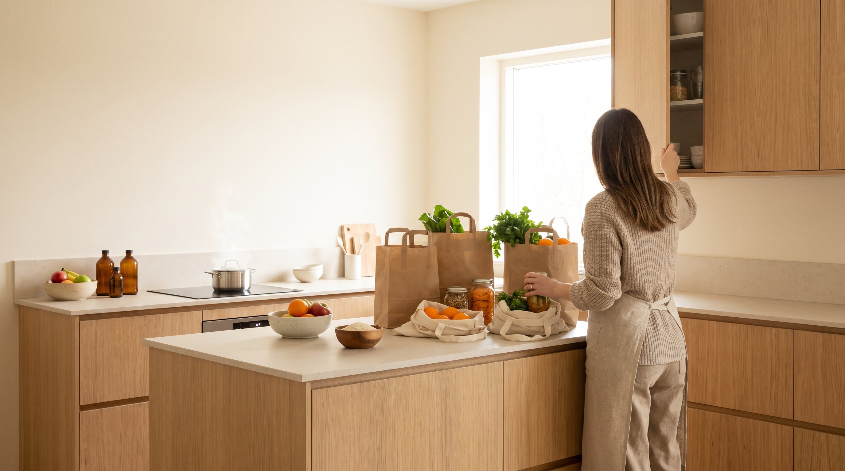 A woman in her 30s putting groceries away in a minimalist modern kitchen