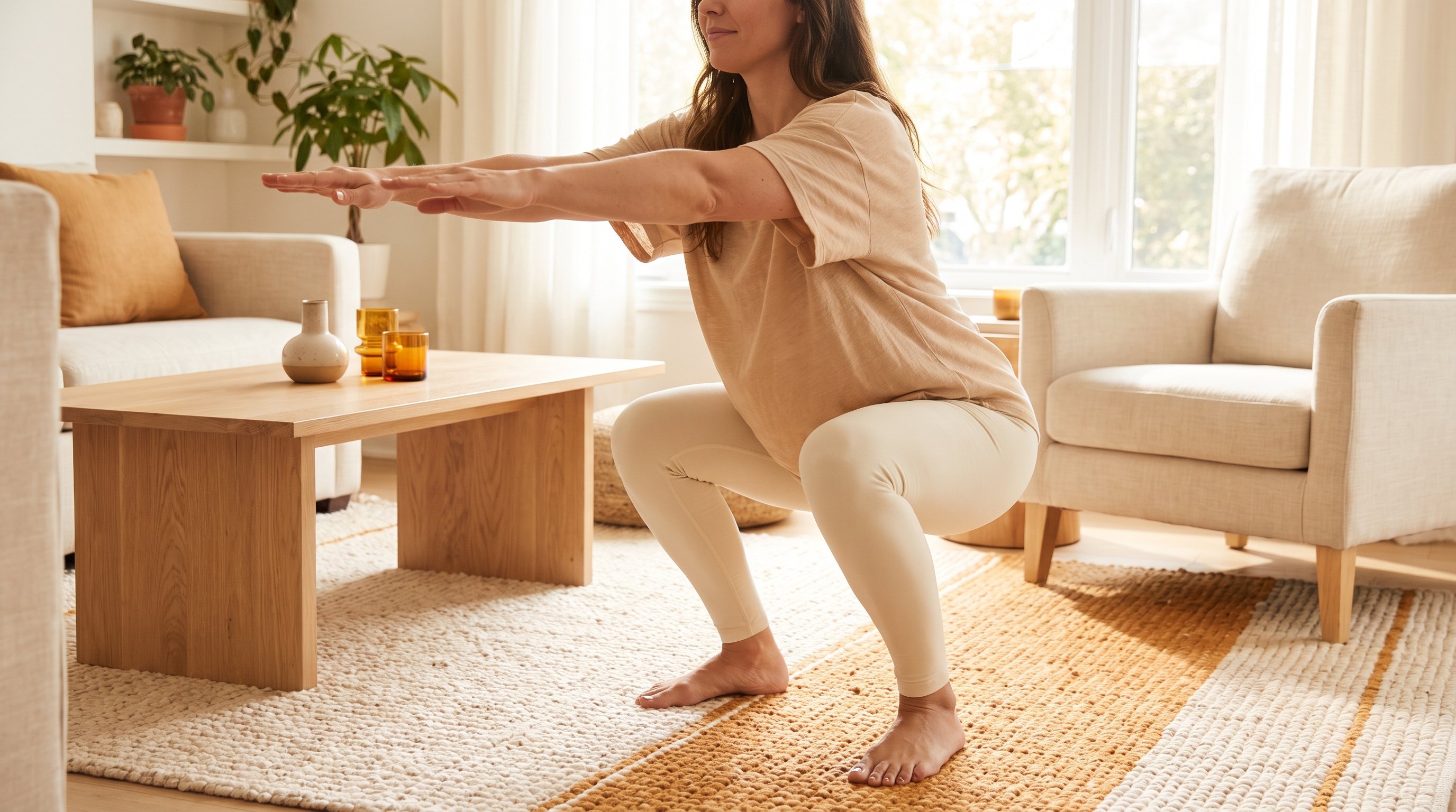 person doing bodyweight squats on a living room rug