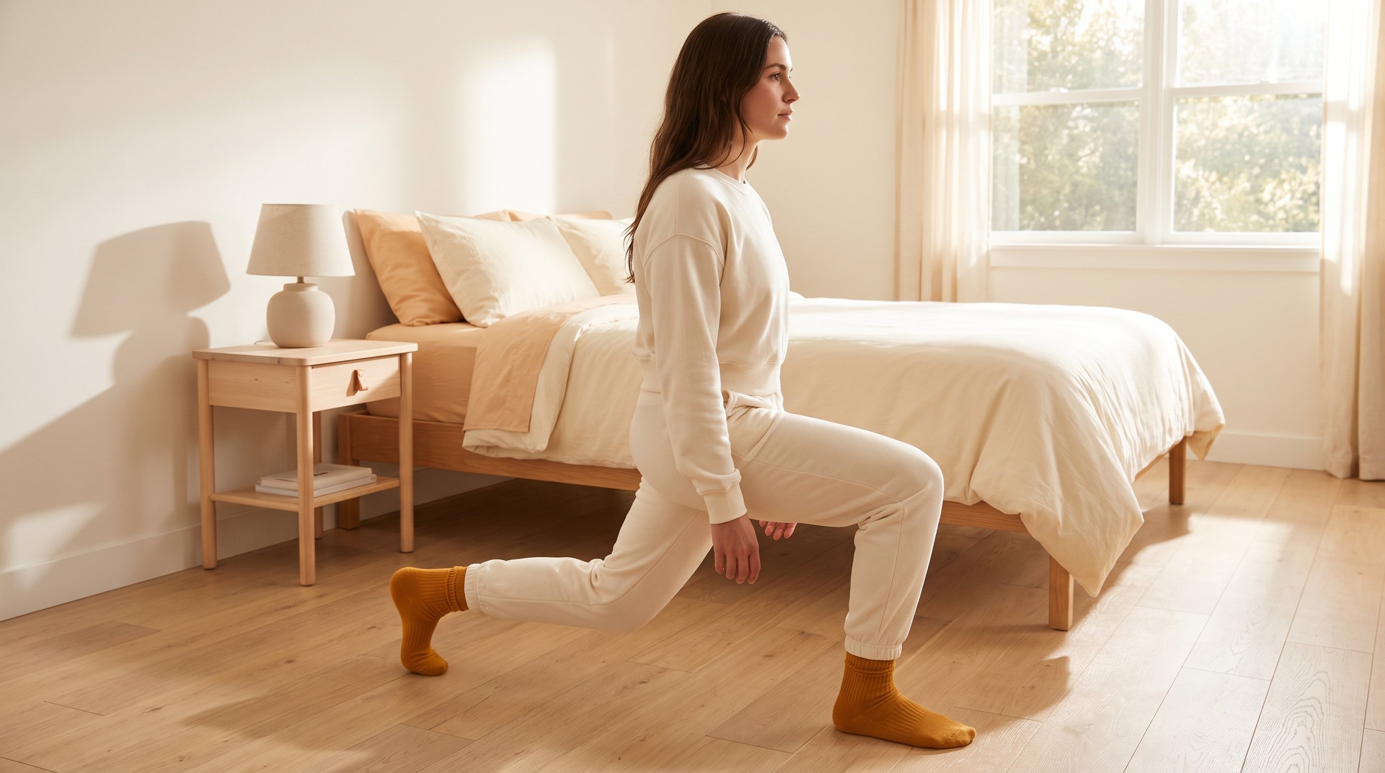 woman doing lunges in a small apartment living room