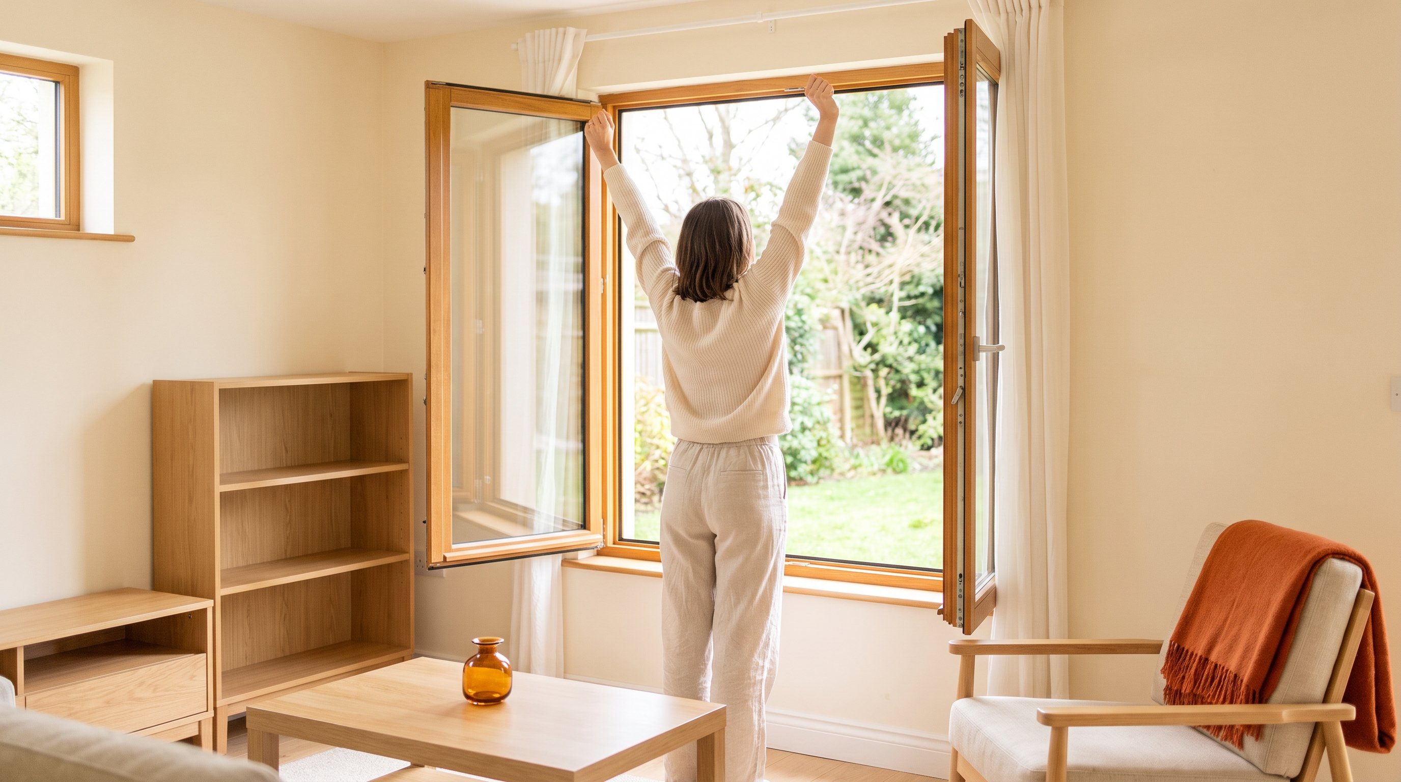 woman stretching arms overhead beside an open window
