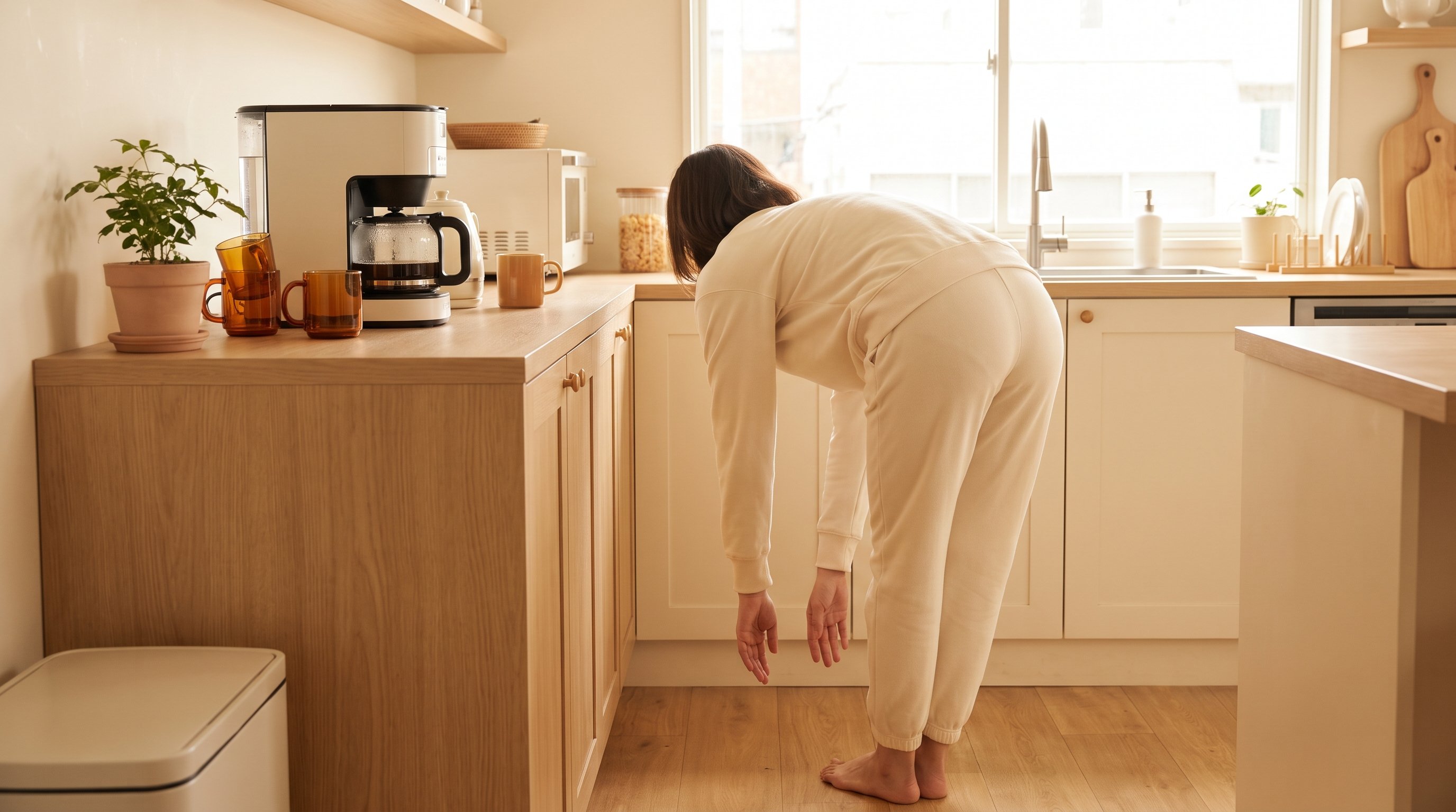 man doing a gentle forward fold stretch on a bedroom rug