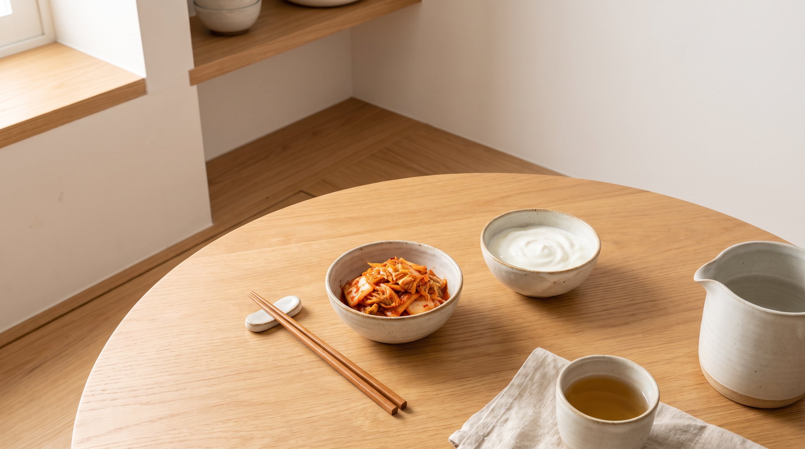 bowl of kimchi and yoghurt on wooden table