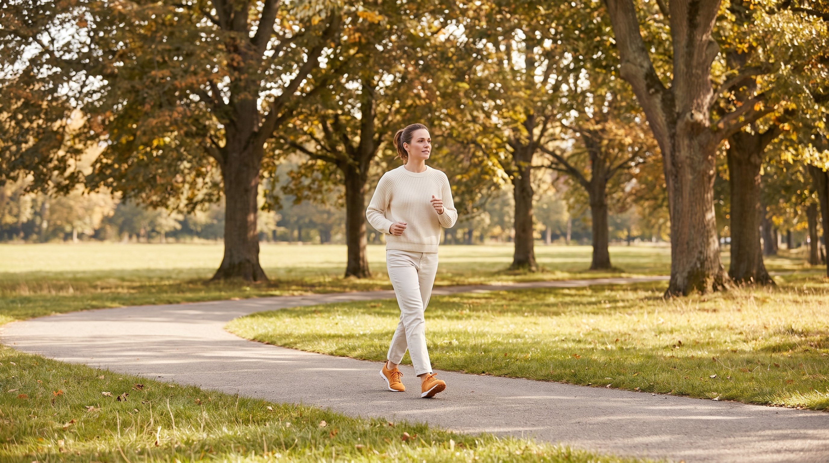 woman walking briskly along a tree-lined path