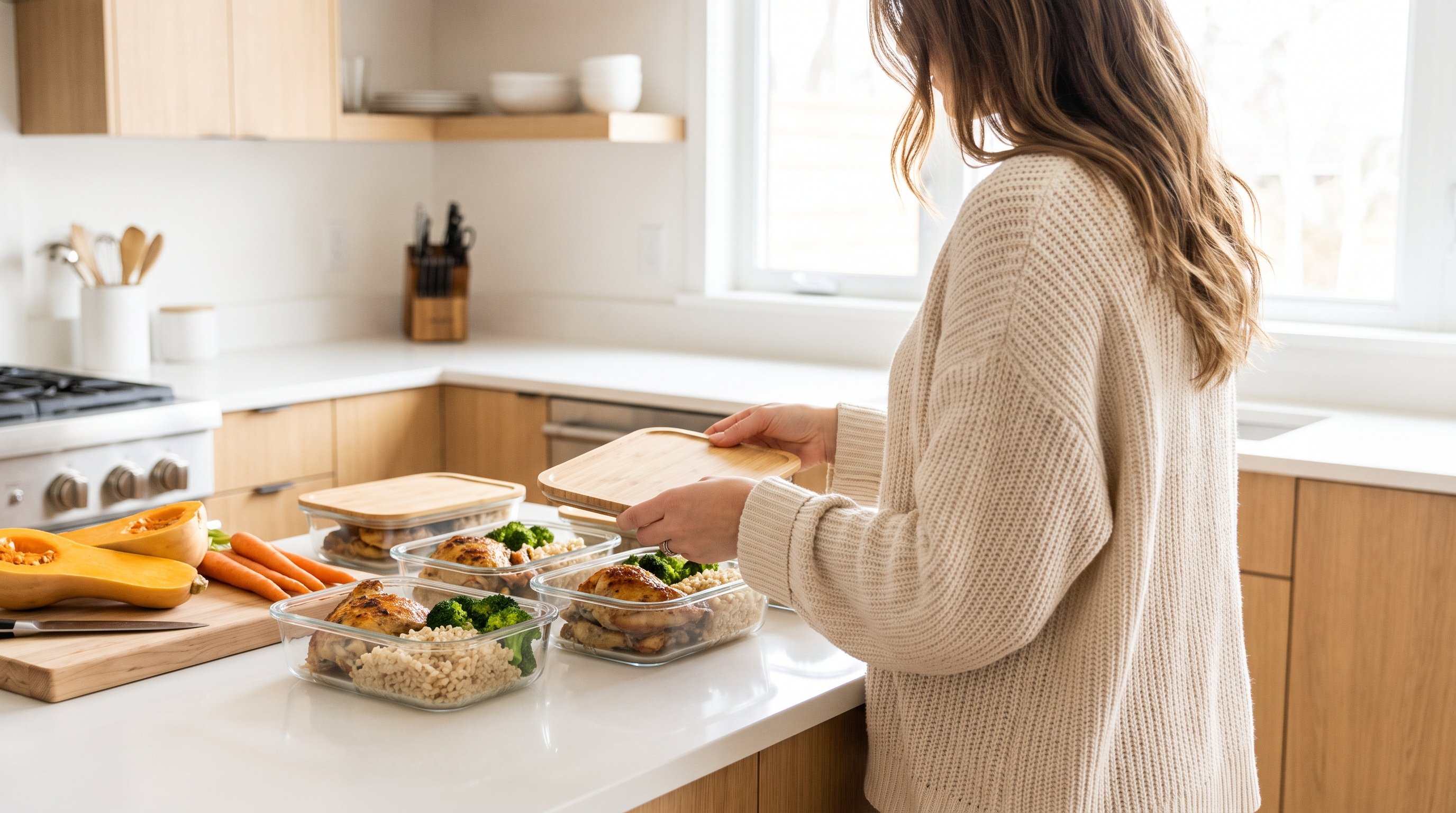 person packing lunch containers with rice vegetables and chicken