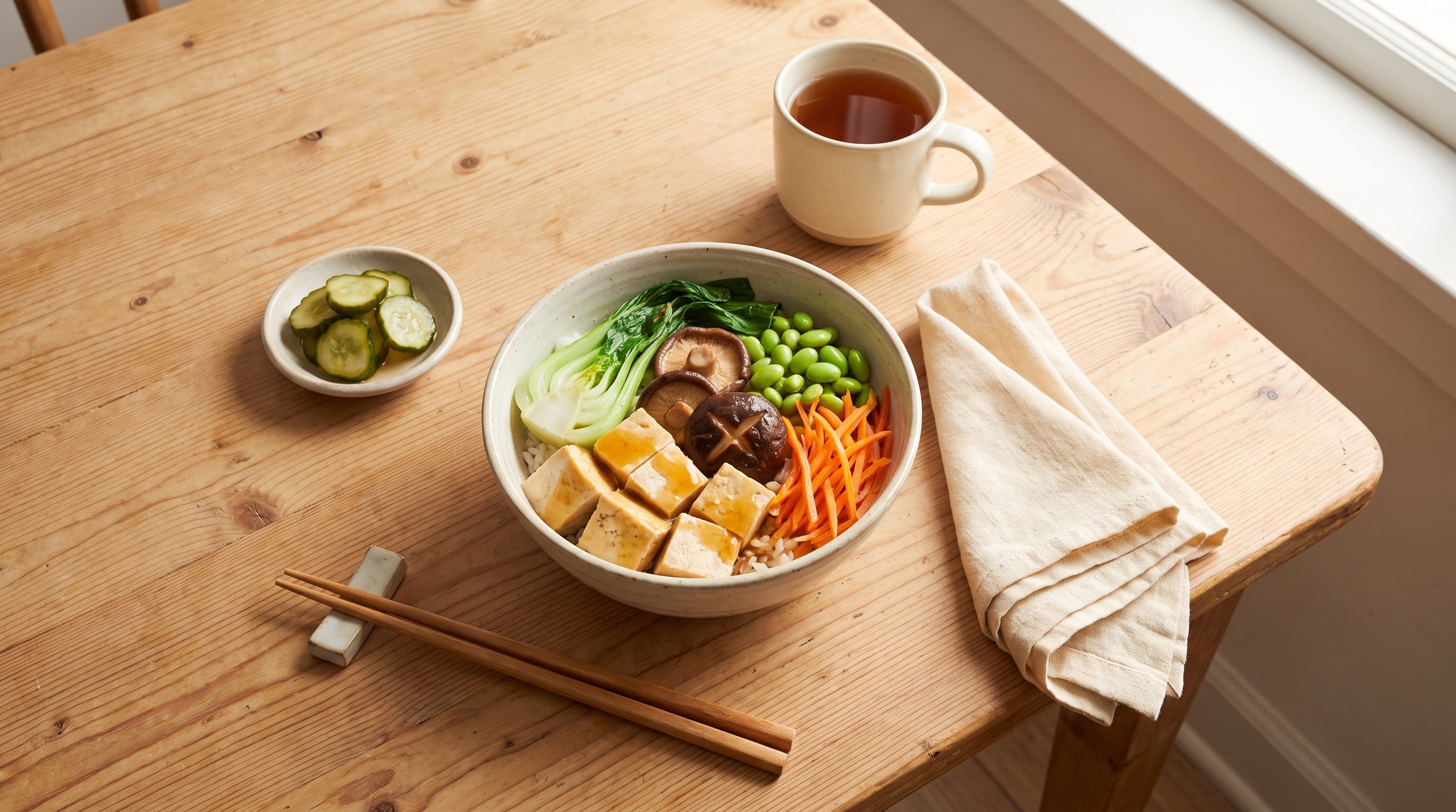 A rice bowl with vegetables and tofu on a cozy wooden dining table