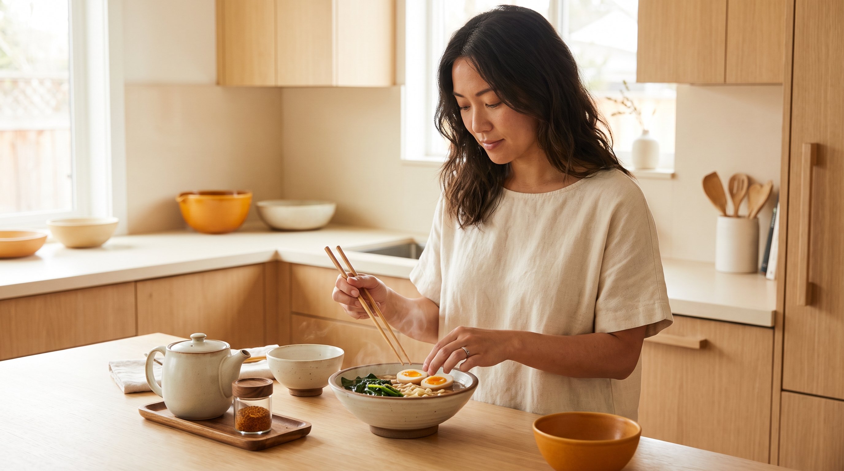A woman in her 30s plating a steaming ramen bowl with egg and greens in a minimalist modern kitchen