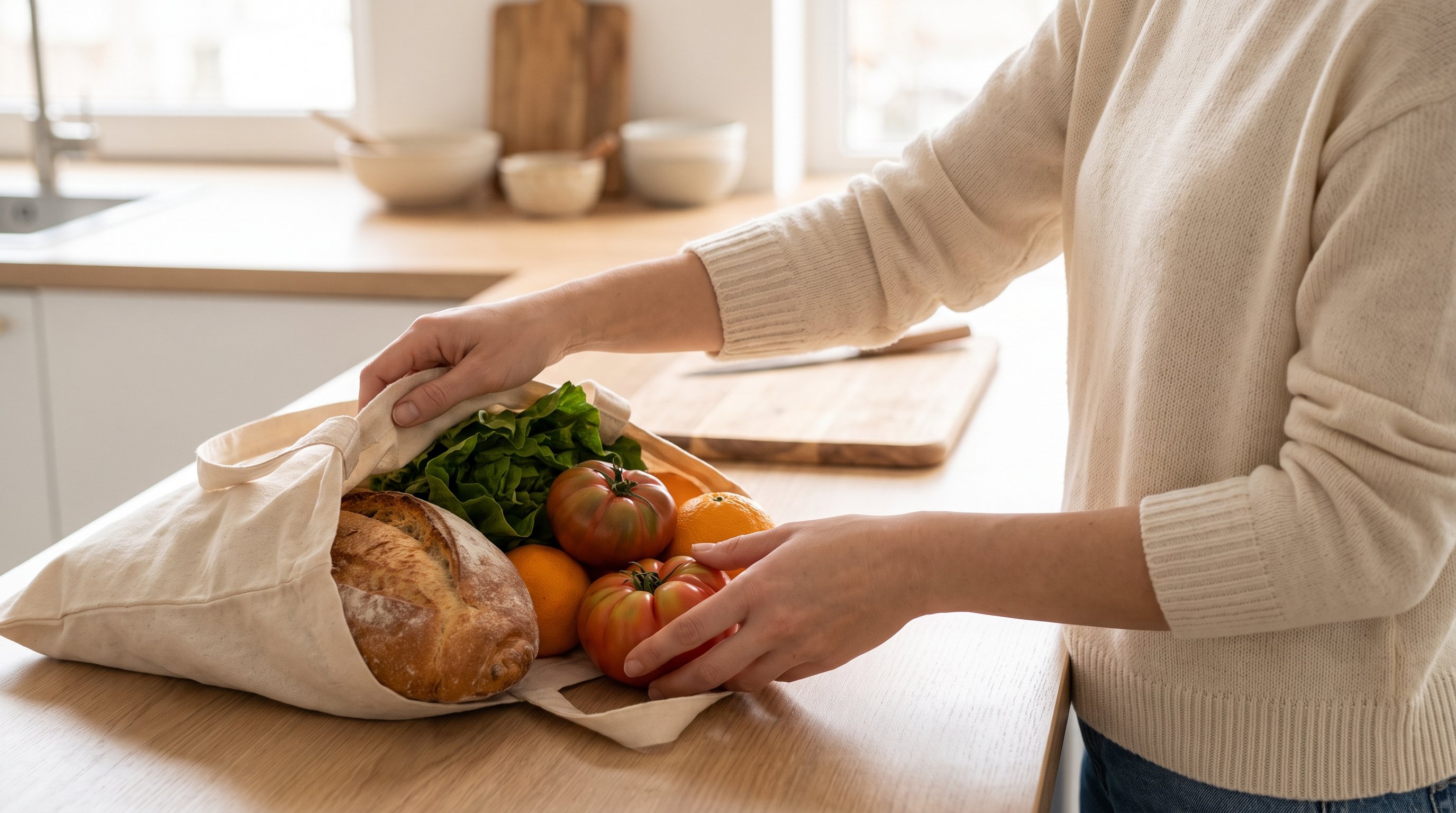 A woman in her 30s unpacking fresh groceries in a minimalist modern kitchen