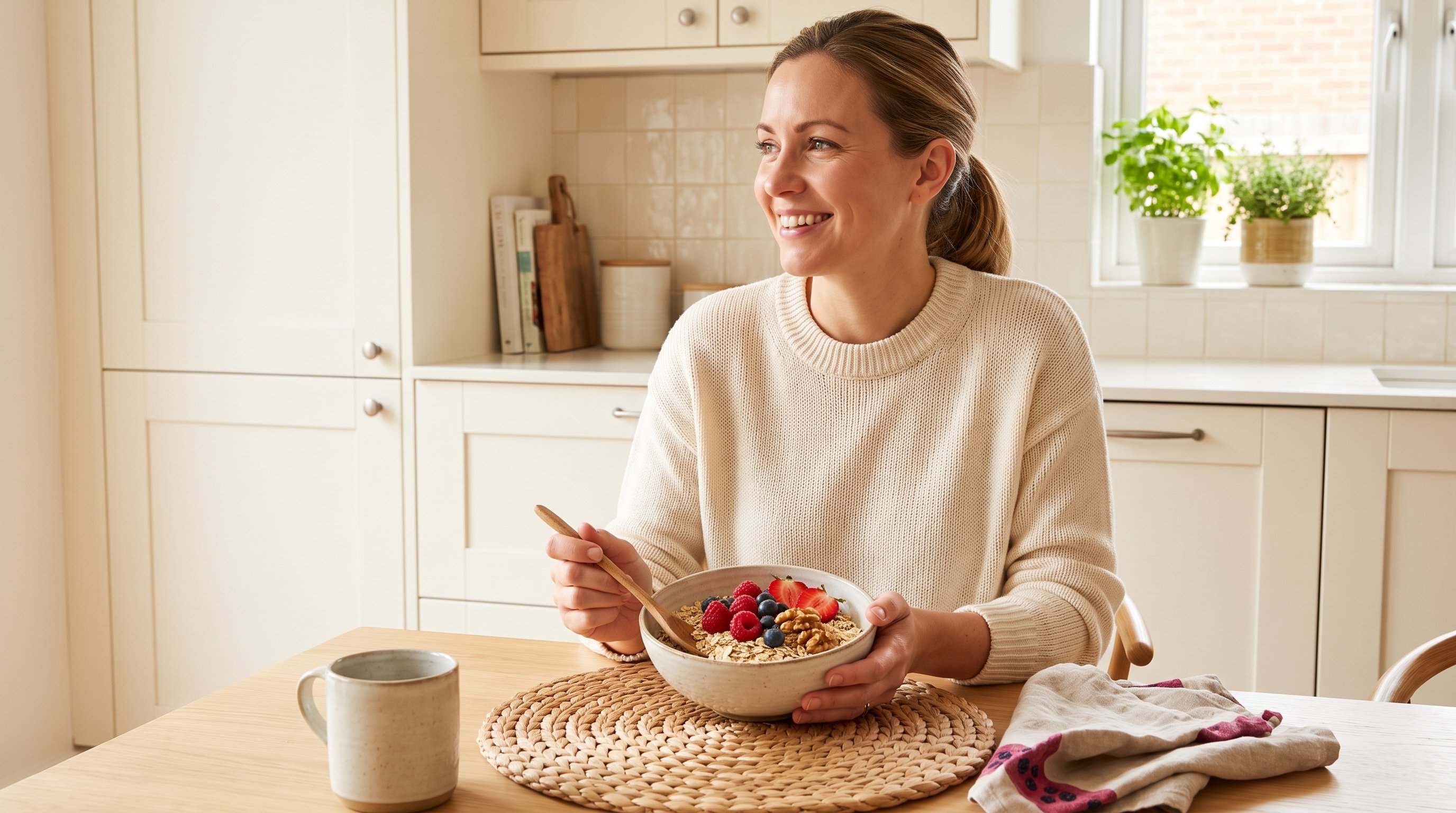 bowl of oats topped with berries and walnuts on a wooden table