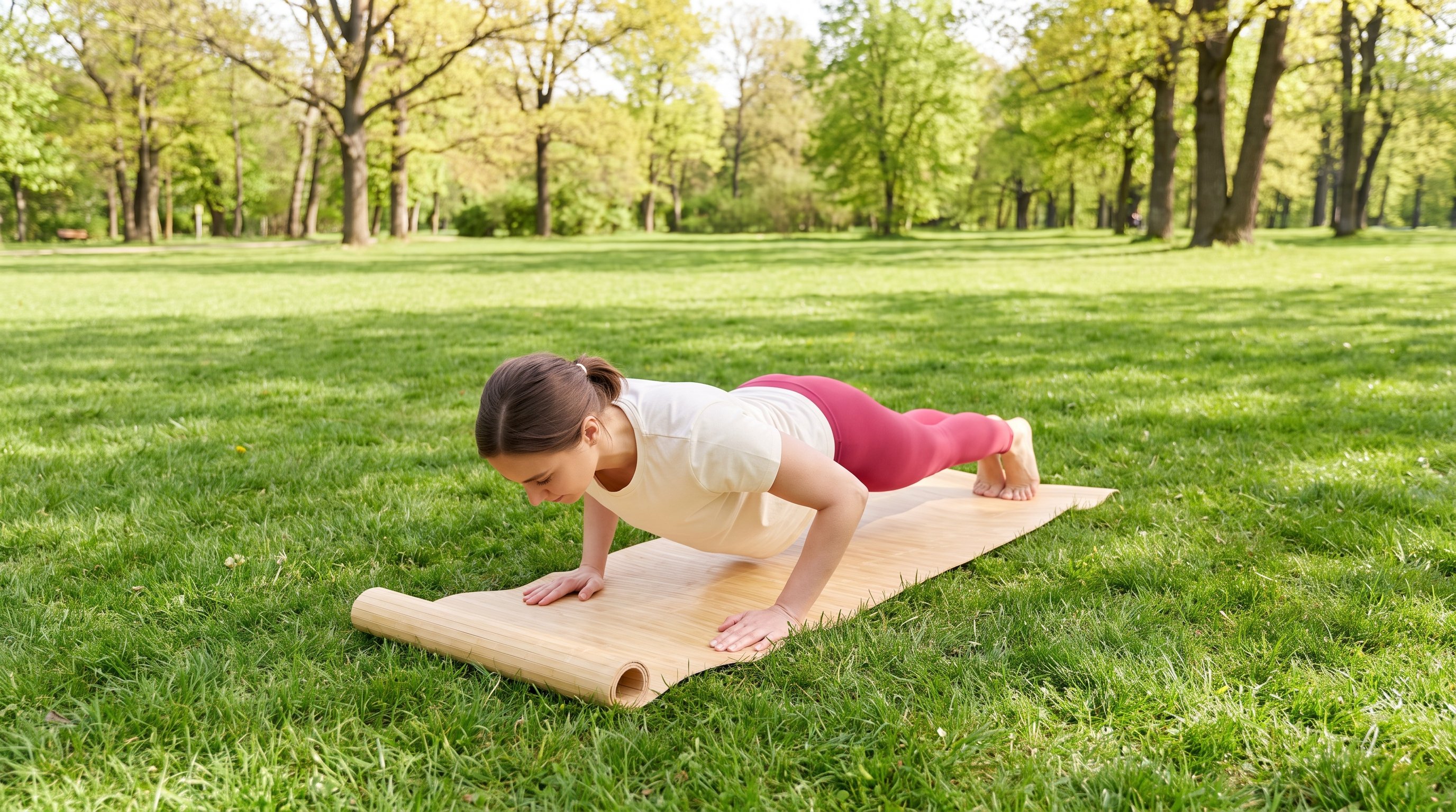 Person doing push-ups on a yoga mat in a small bedroom