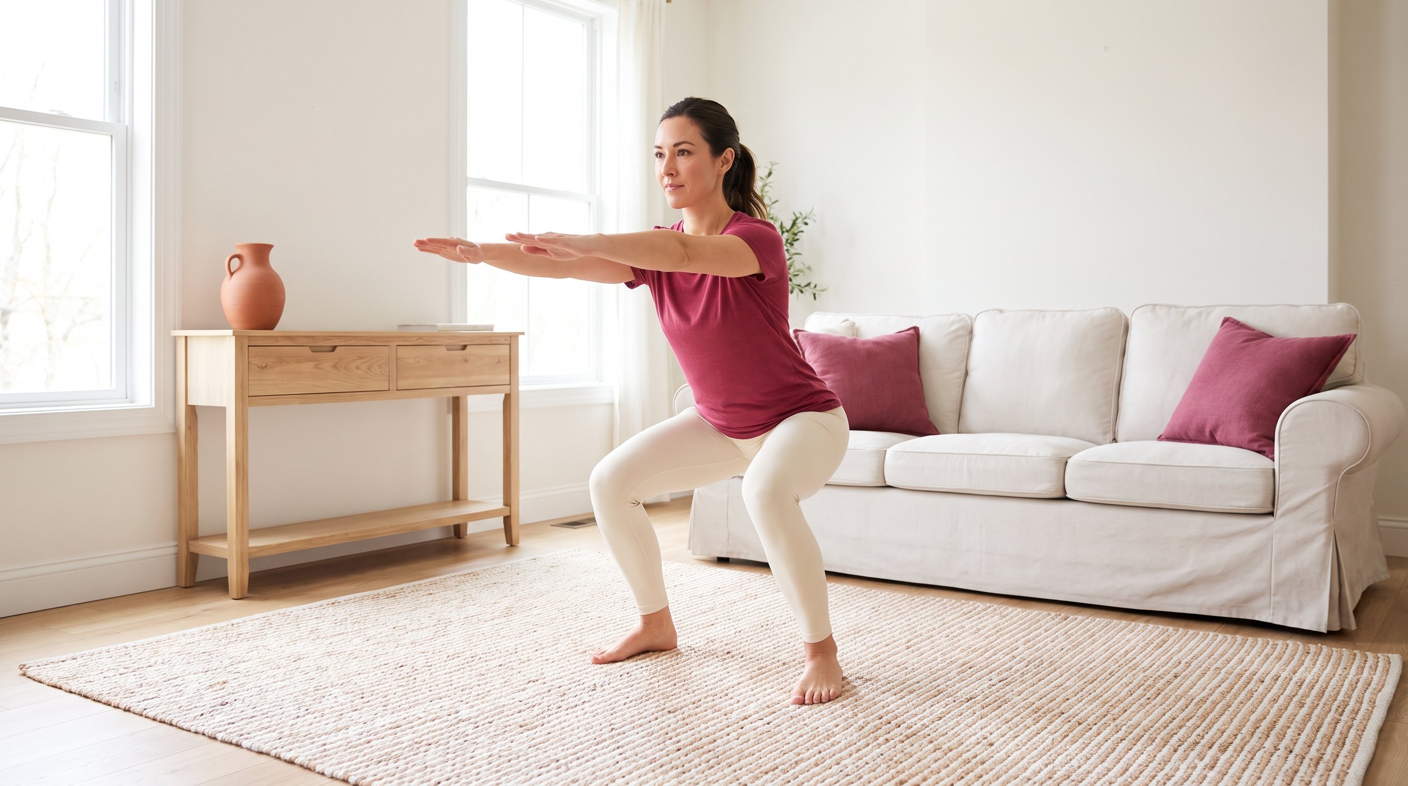 Person doing bodyweight squats on a living room rug