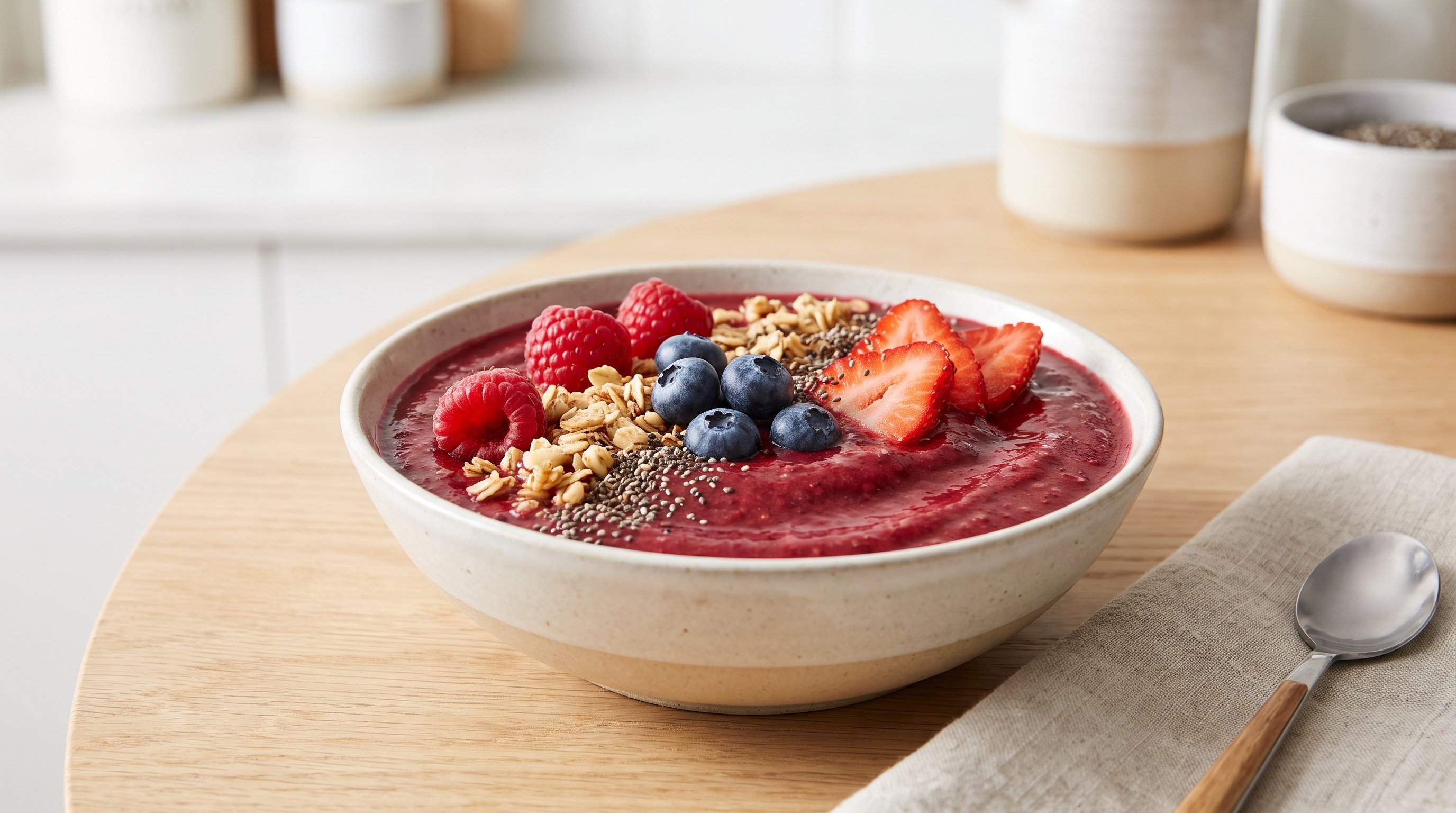 A berry smoothie bowl served on a light wood table